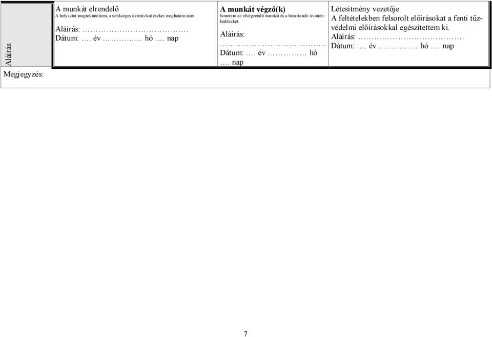 nap A munkát végző(k) Ismerem az elvégzendő munkát és a betartandó óvintézkedéseket. Aláírás:.