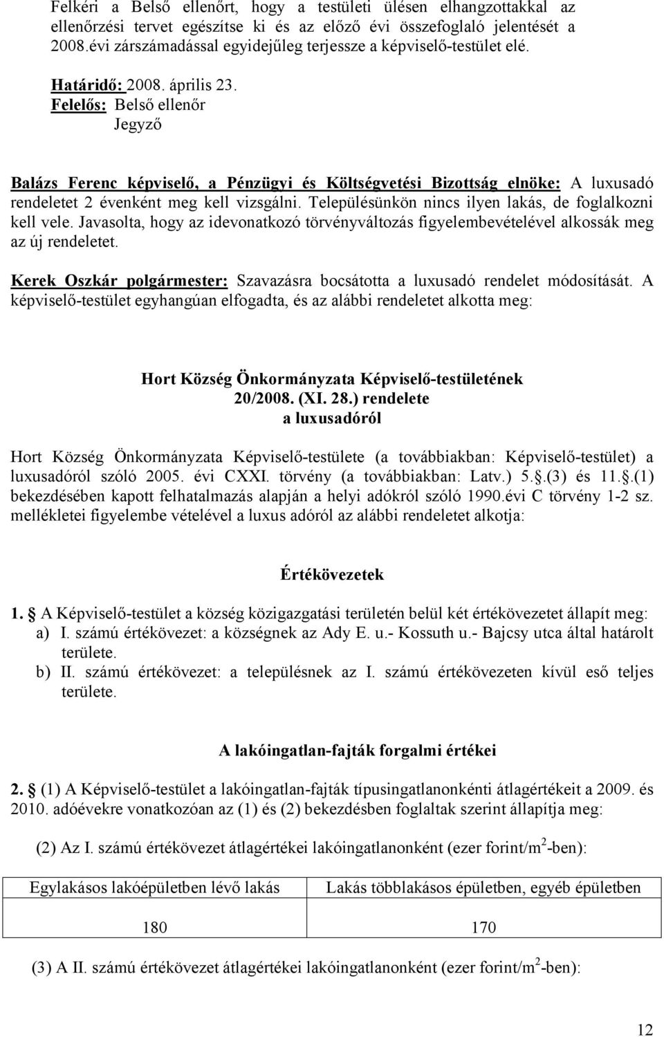 Felelős: Belső ellenőr Jegyző Balázs Ferenc képviselő, a Pénzügyi és Költségvetési Bizottság elnöke: A luxusadó rendeletet 2 évenként meg kell vizsgálni.