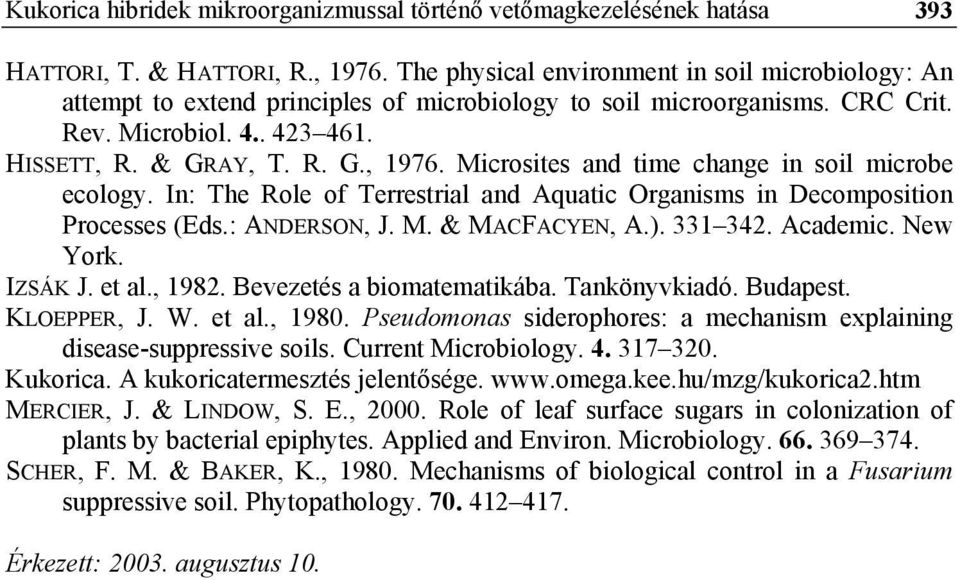 Microsites and time change in soil microbe ecology. In: The Role of Terrestrial and Aquatic Organisms in Decomposition Processes (Eds.: ANDERSON, J. M. & MACFACYEN, A.). 331 342. Academic. New York.