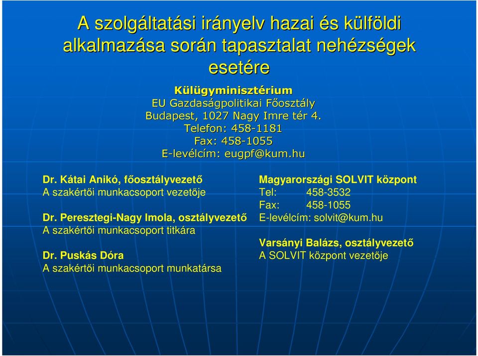 Kátai Anikó, fıosztályvezetı A szakértıi munkacsoport vezetıje Dr. Peresztegi-Nagy Imola, osztályvezetı A szakértıi munkacsoport titkára Dr.