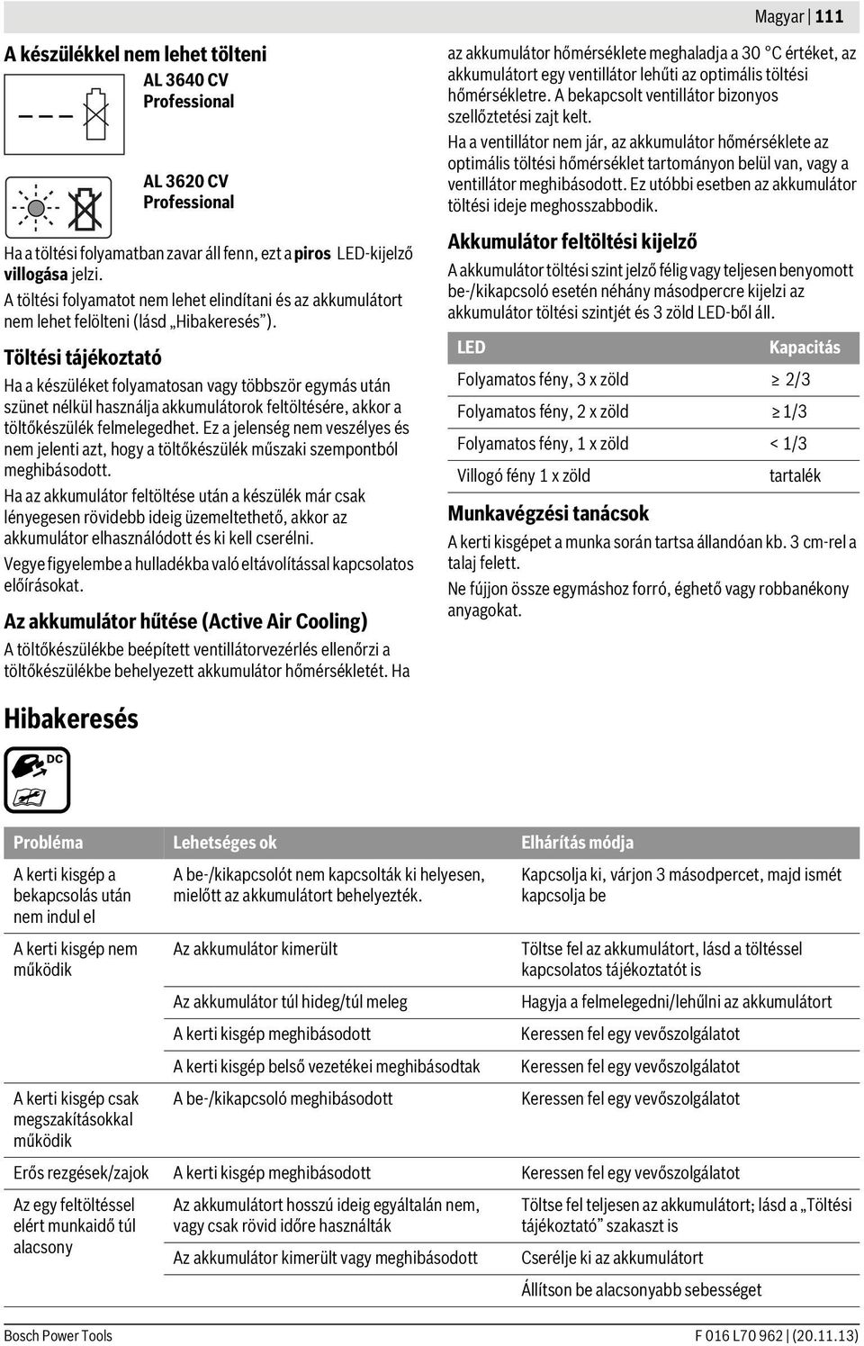 Töltési tájékoztató AL 3620 CV Ha a készüléket folyamatosan vagy többször egymás után szünet nélkül használja akkumulátorok feltöltésére, akkor a töltőkészülék felmelegedhet.