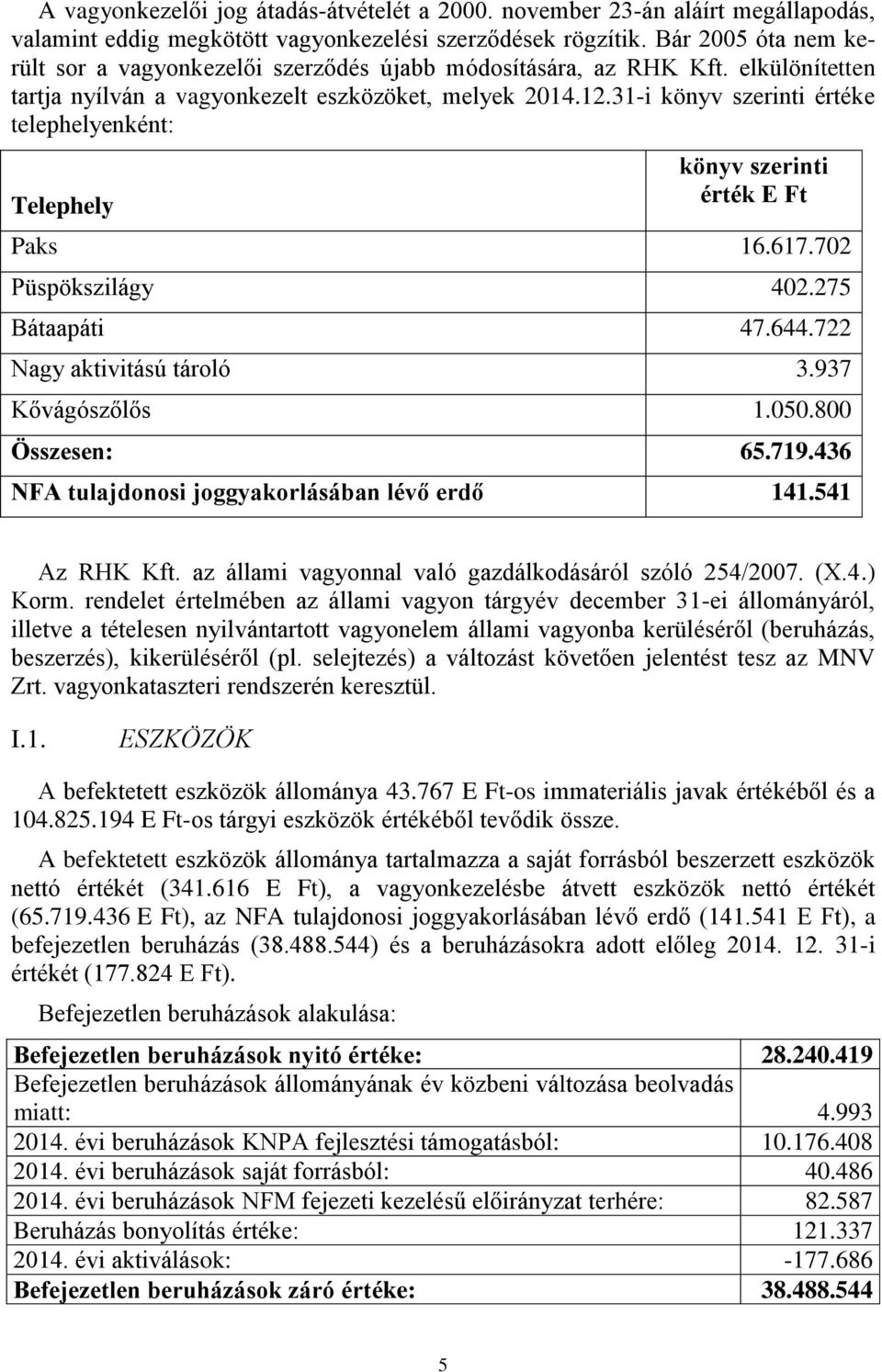 31-i könyv szerinti értéke telephelyenként: Telephely könyv szerinti érték E Ft Paks 16.617.702 Püspökszilágy 402.275 Bátaapáti 47.644.722 Nagy aktivitású tároló 3.937 Kővágószőlős 1.050.