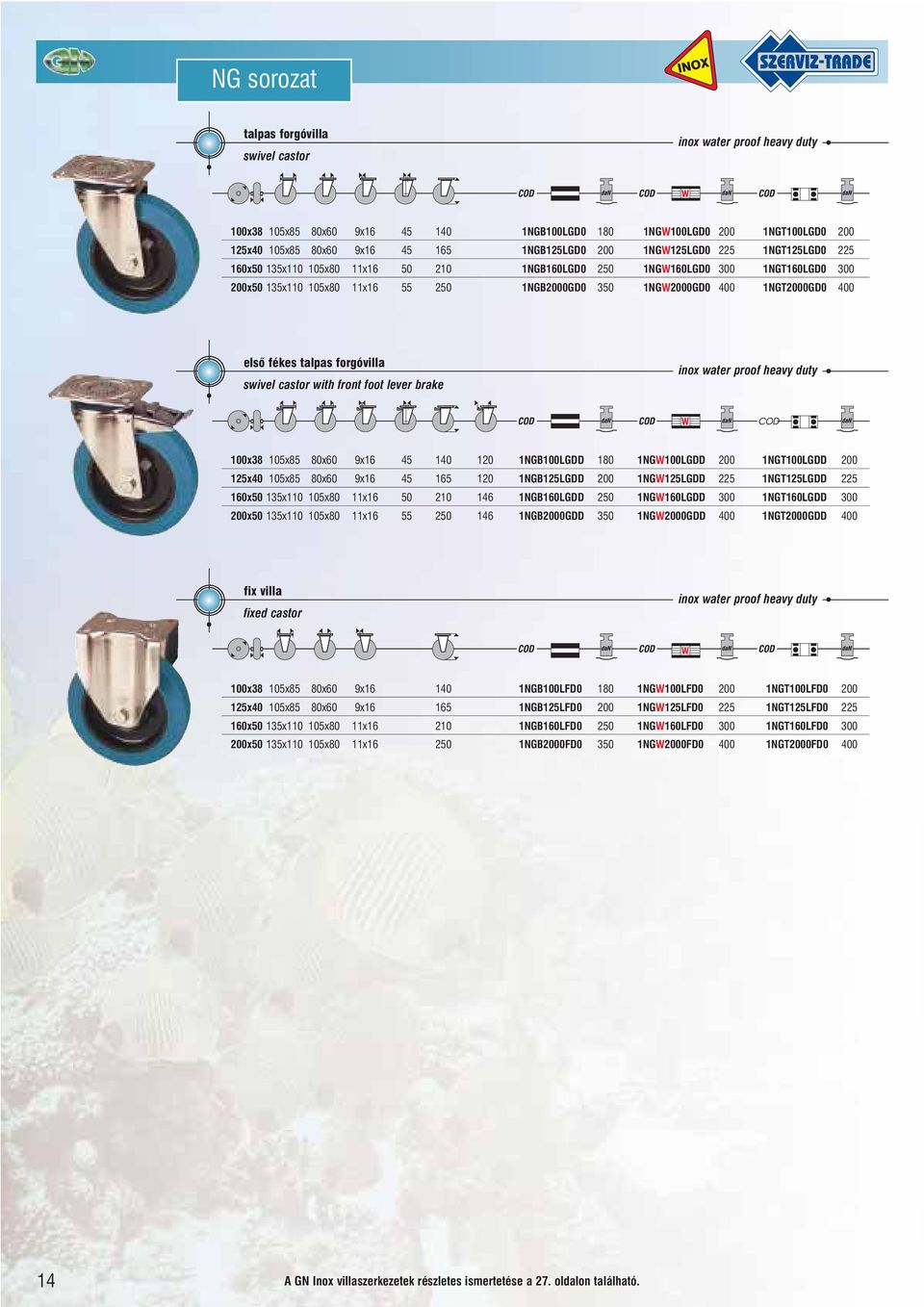 elsõ fékes talpas forgóvilla swivel castor with front foot lever brake inox water proof heavy duty 100x38 105x85 80x60 9x16 45 140 120 1NGB100LGDD 180 1NGW100LGDD 200 1NGT100LGDD 200 125x40 105x85