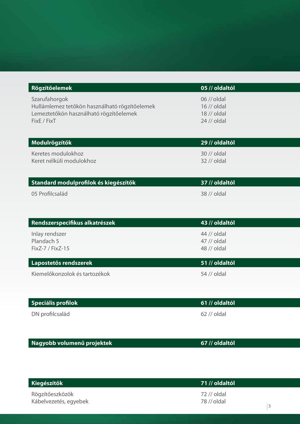 Rendszerspecifikus alkatrészek Inlay rendszer Plandach 5 FixZ-7 / FixZ-15 Lapostetős rendszerek Kiemelőkonzolok és tartozékok 43 // oldaltól 44 // oldal 47 // oldal 48 // oldal 51 //