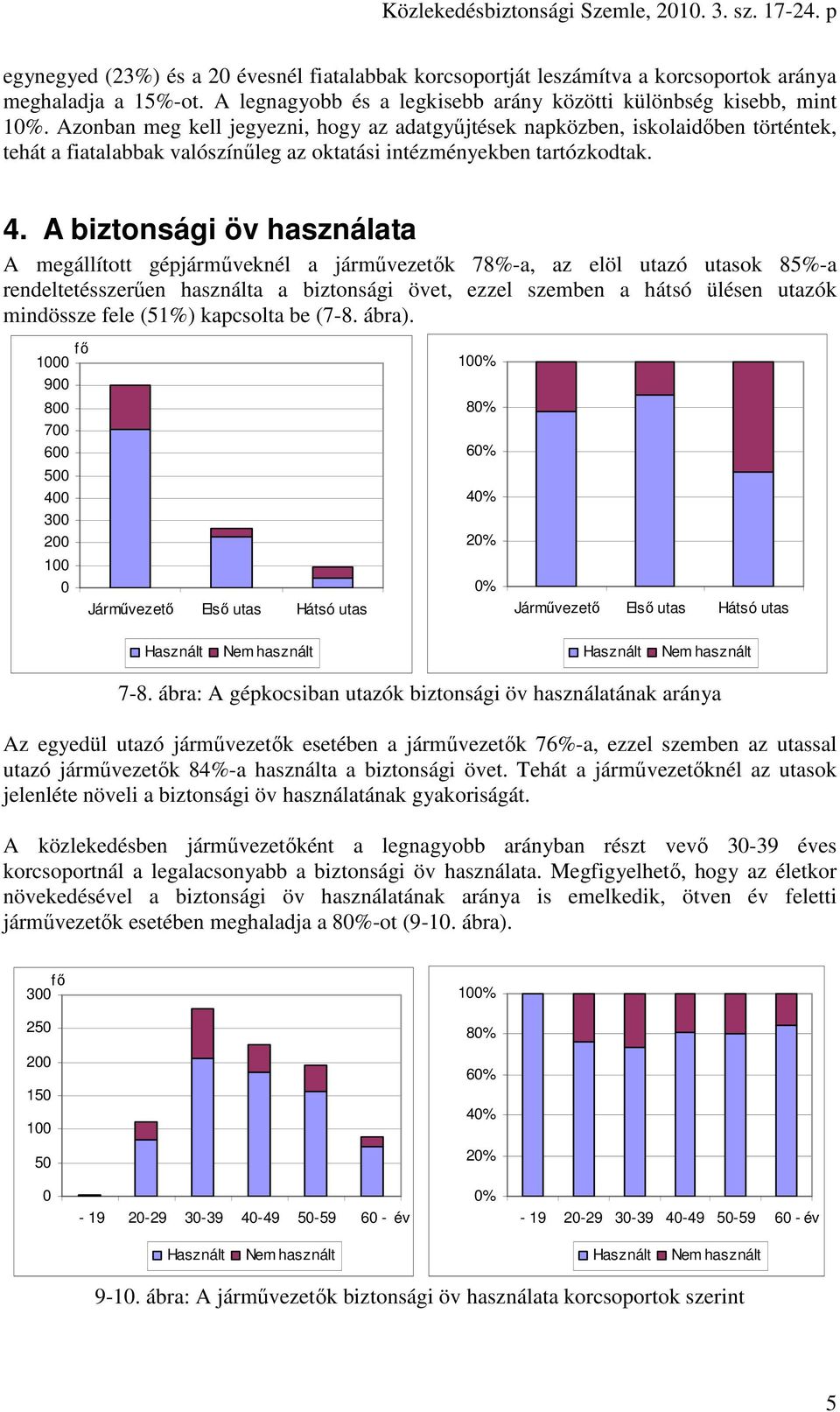 A biztonsági öv használata A megállított gépjárműveknél a járművezetők 78%-a, az elöl utazó utasok 85%-a rendeltetésszerűen használta a biztonsági övet, ezzel szemben a hátsó ülésen utazók mindössze