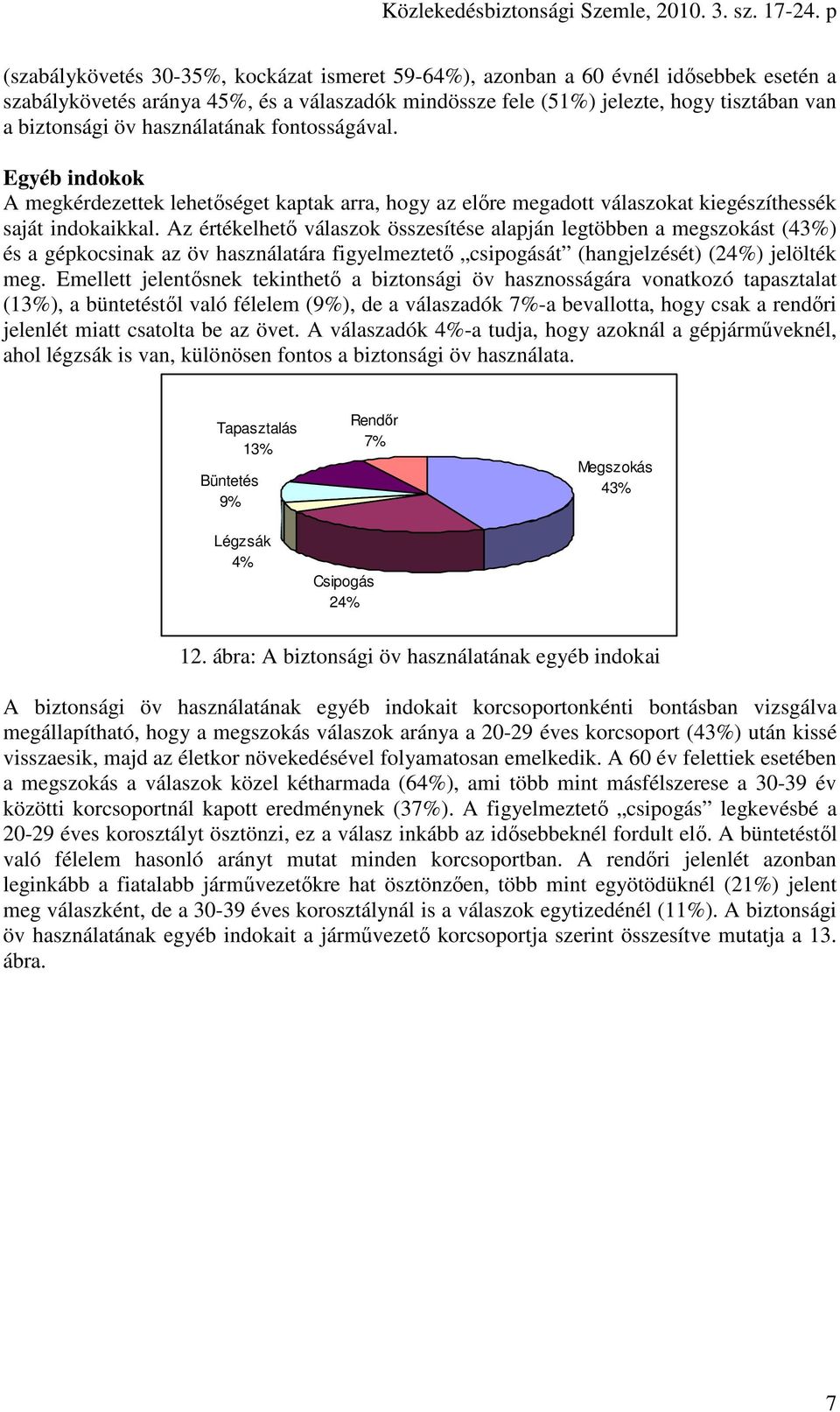 Az értékelhető válaszok összesítése alapján legtöbben a megszokást (43%) és a gépkocsinak az öv használatára figyelmeztető csipogását (hangjelzését) (24%) jelölték meg.