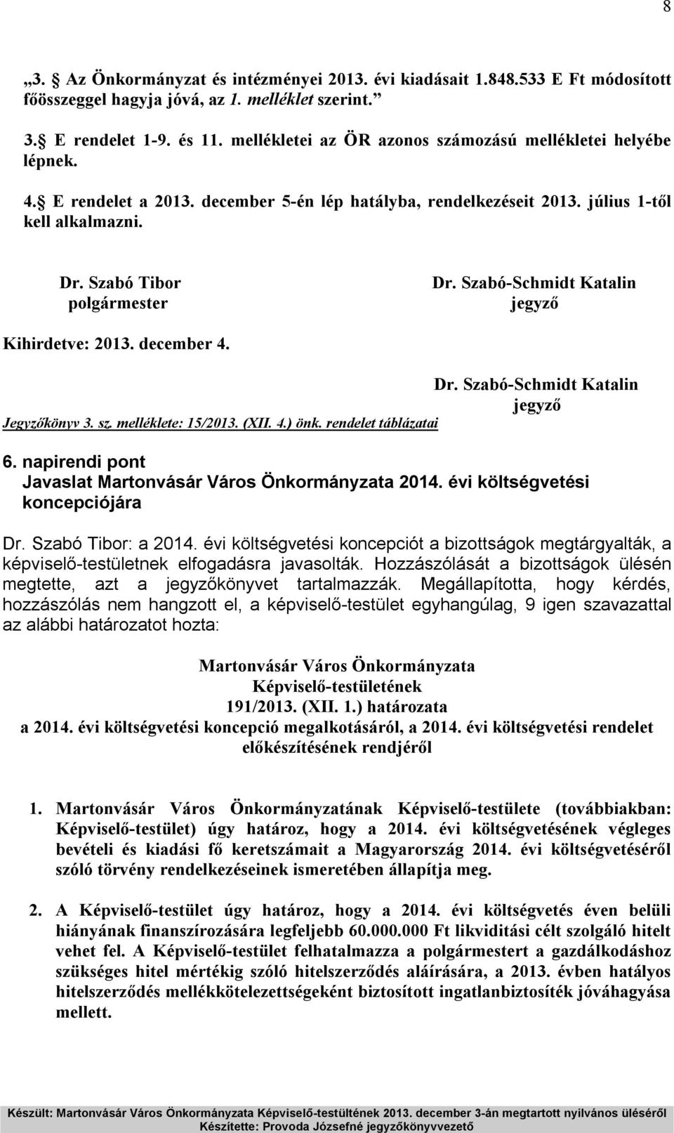 Szabó-Schmidt Katalin jegyző Kihirdetve: 2013. december 4. Dr. Szabó-Schmidt Katalin jegyző Jegyzőkönyv 3. sz. melléklete: 15/2013. (XII. 4.) önk. rendelet táblázatai 6. napirendi pont Javaslat 2014.