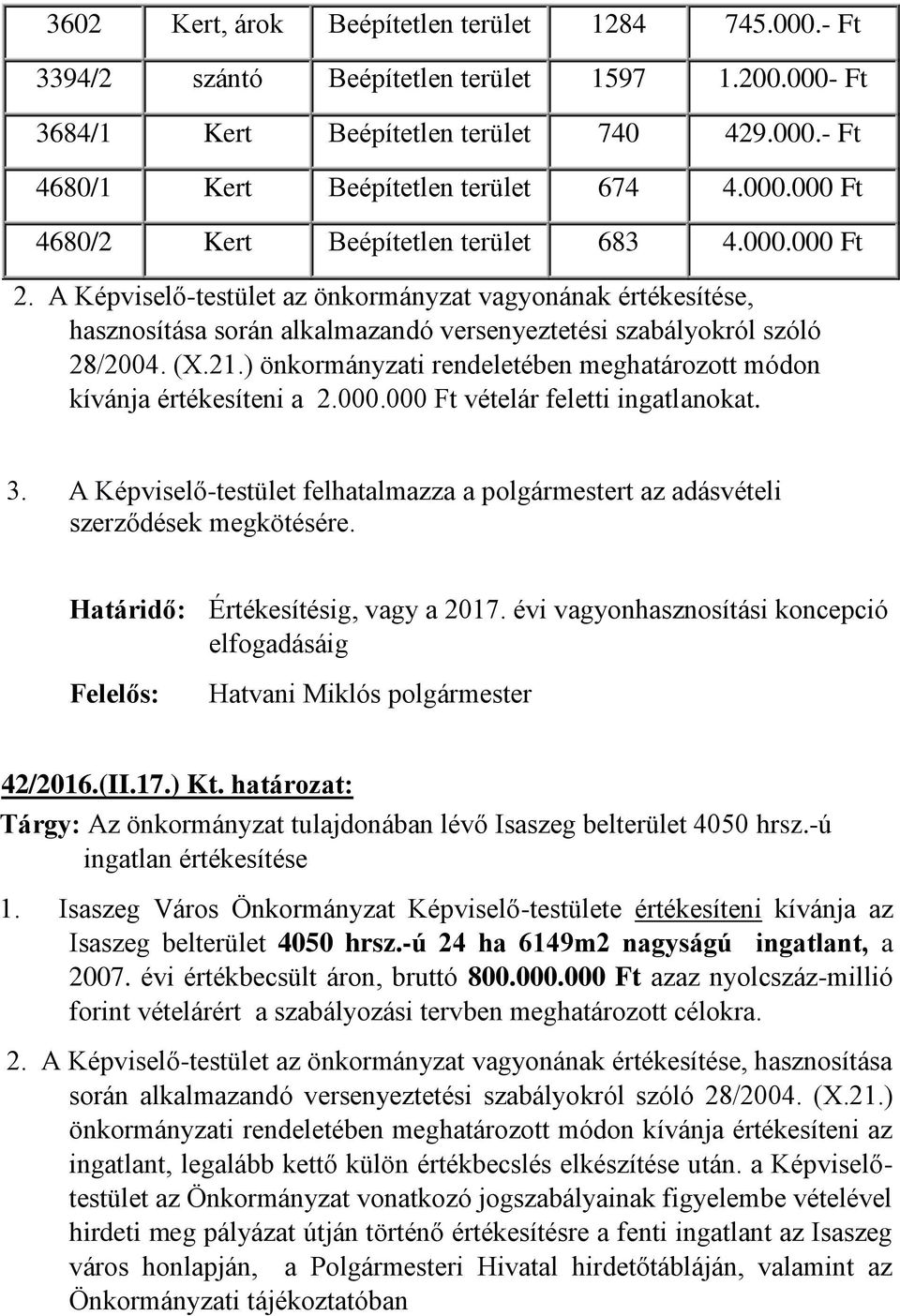 A Képviselő-testület felhatalmazza a polgármestert az adásvételi szerződések megkötésére. 42/2016.(II.17.) Kt. határozat: Tárgy: Az önkormányzat tulajdonában lévő Isaszeg bel 4050 hrsz.