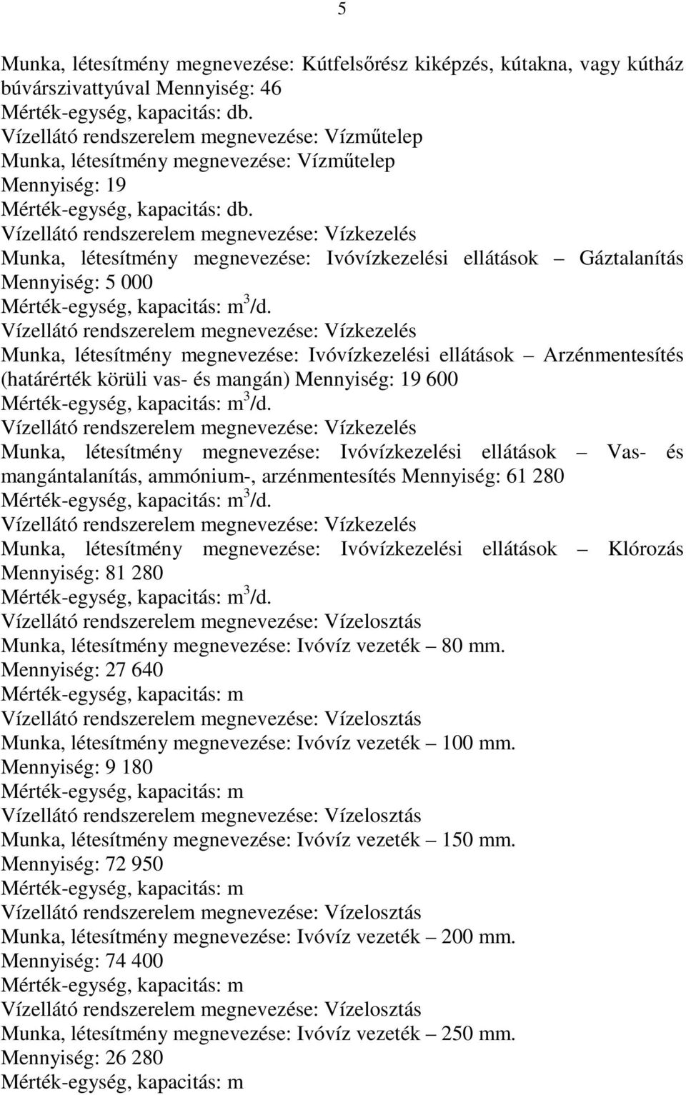 Vízellátó rendszerelem megnevezése: Vízkezelés Munka, létesítmény megnevezése: Ivóvízkezelési ellátások Gáztalanítás Mennyiség: 5 000 Mérték-egység, kapacitás: m 3 /d.