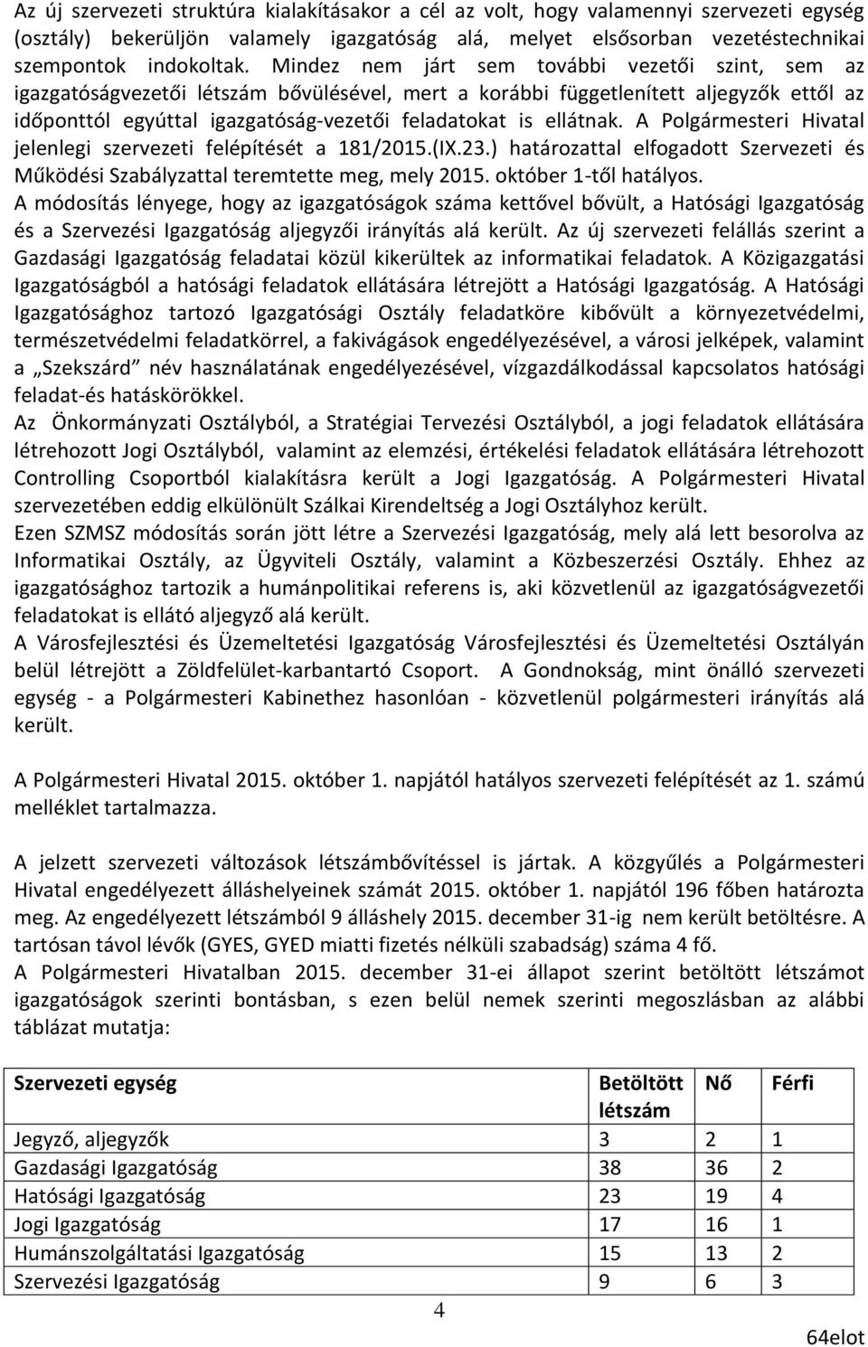 ellátnak. A Polgármesteri Hivatal jelenlegi szervezeti felépítését a 181/2015.(IX.23.) határozattal elfogadott Szervezeti és Működési Szabályzattal teremtette meg, mely 2015. október 1-től hatályos.