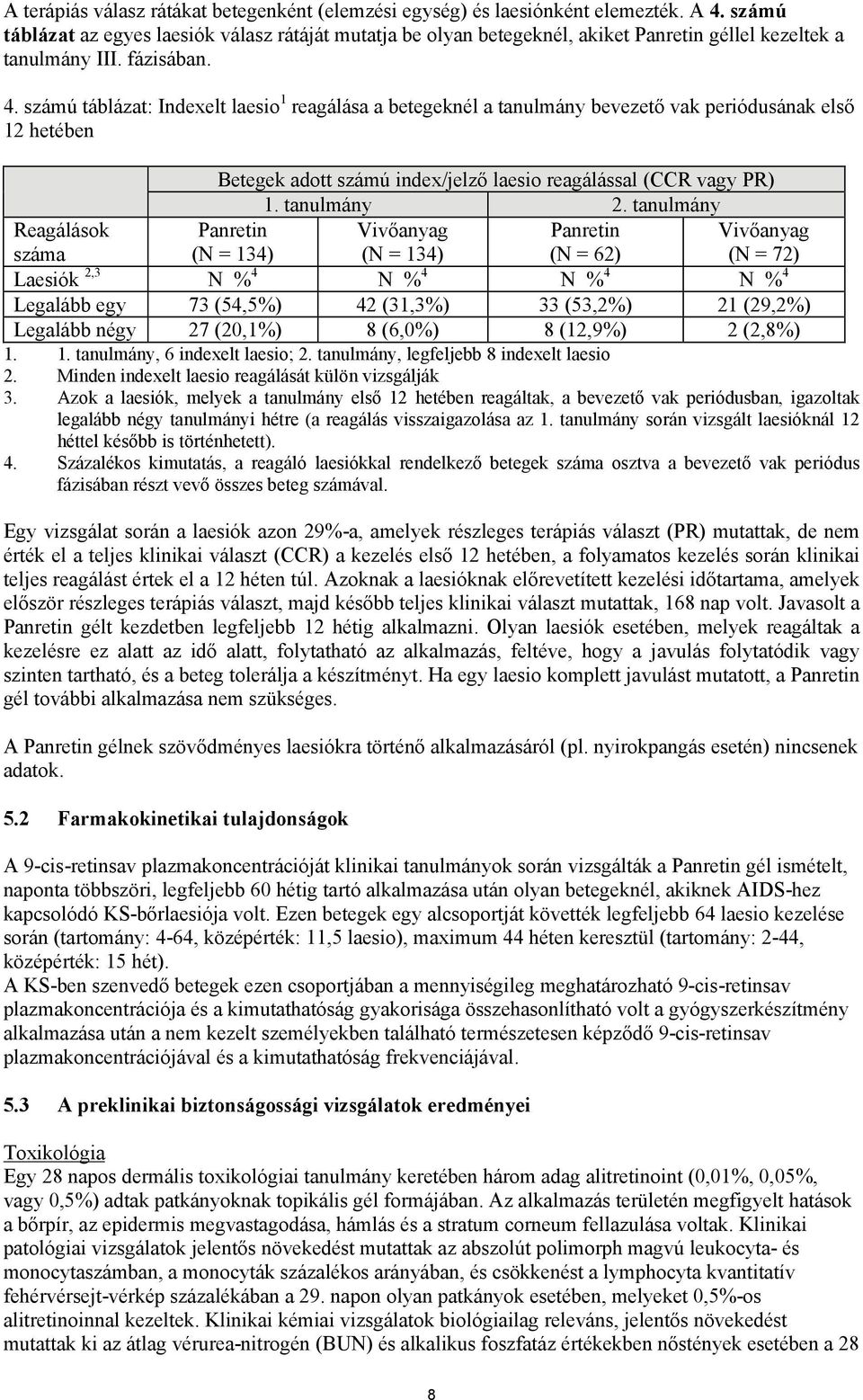 számú táblázat: Indexelt laesio 1 reagálása a betegeknél a tanulmány bevezető vak periódusának első 12 hetében Betegek adott számú index/jelző laesio reagálással (CCR vagy PR) 1. tanulmány 2.