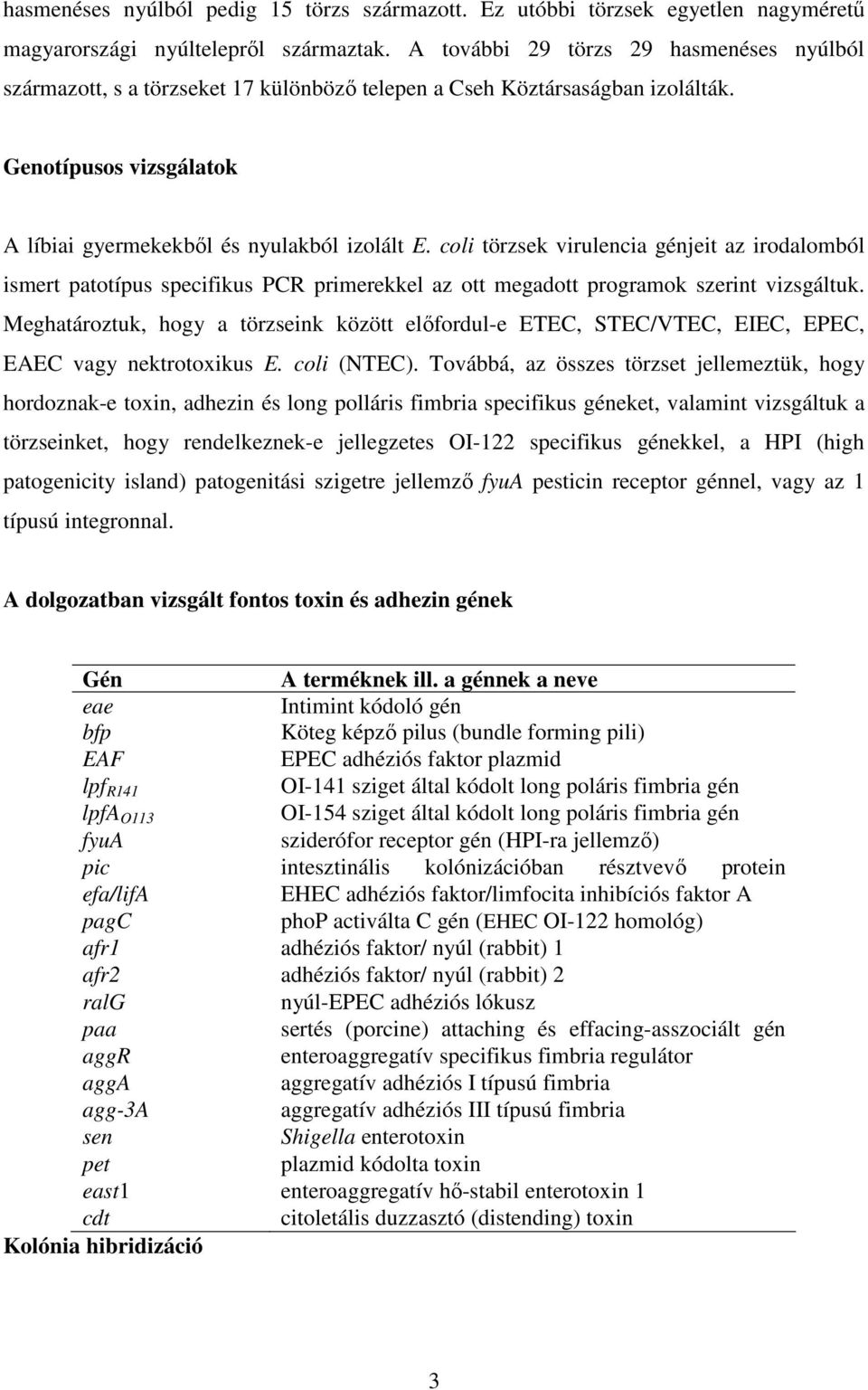 coli törzsek virulencia génjeit az irodalomból ismert patotípus specifikus PCR primerekkel az ott megadott programok szerint vizsgáltuk.