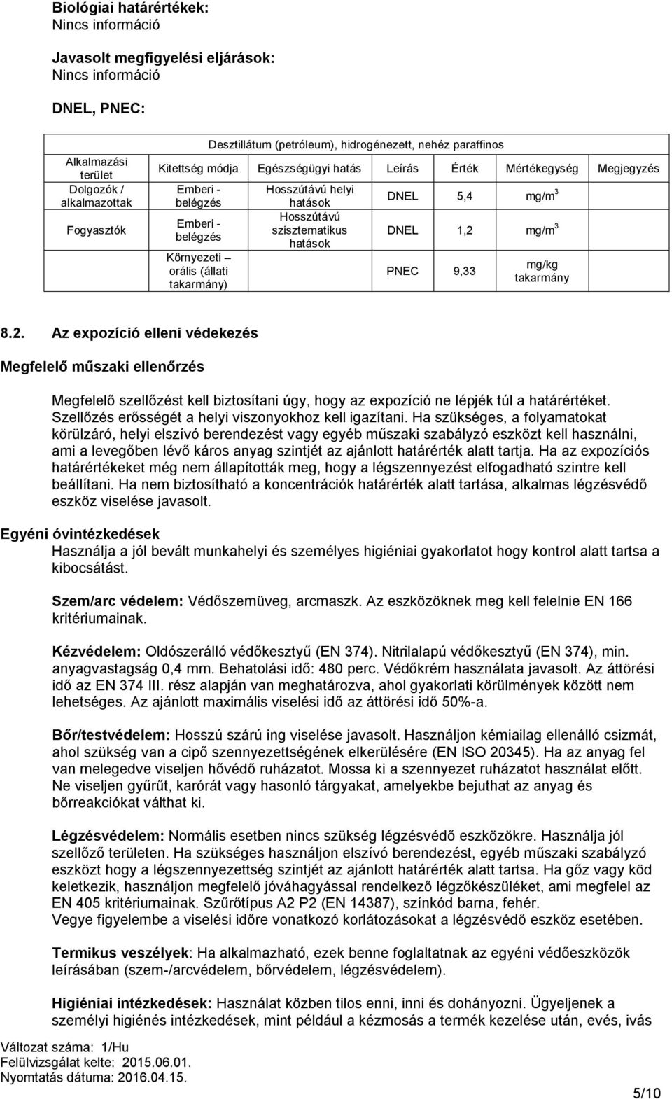 szisztematikus hatások DNEL 5,4 mg/m 3 DNEL 1,2 mg/m 3 PNEC 9,33 mg/kg takarmány 8.2. Az expozíció elleni védekezés Megfelelő műszaki ellenőrzés Megfelelő szellőzést kell biztosítani úgy, hogy az expozíció ne lépjék túl a határértéket.