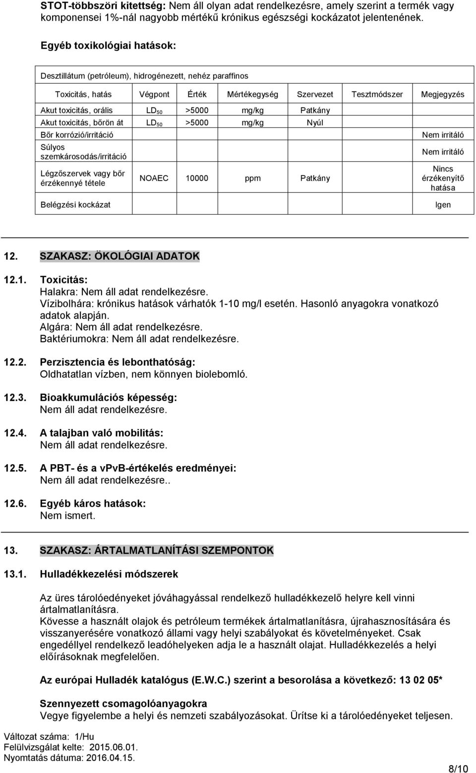 mg/kg Patkány Akut toxicitás, bőrön át LD 50 >5000 mg/kg Nyúl Bőr korrózió/irritáció Súlyos szemkárosodás/irritáció Légzőszervek vagy bőr érzékennyé tétele Belégzési kockázat NOAEC 10000 ppm Patkány