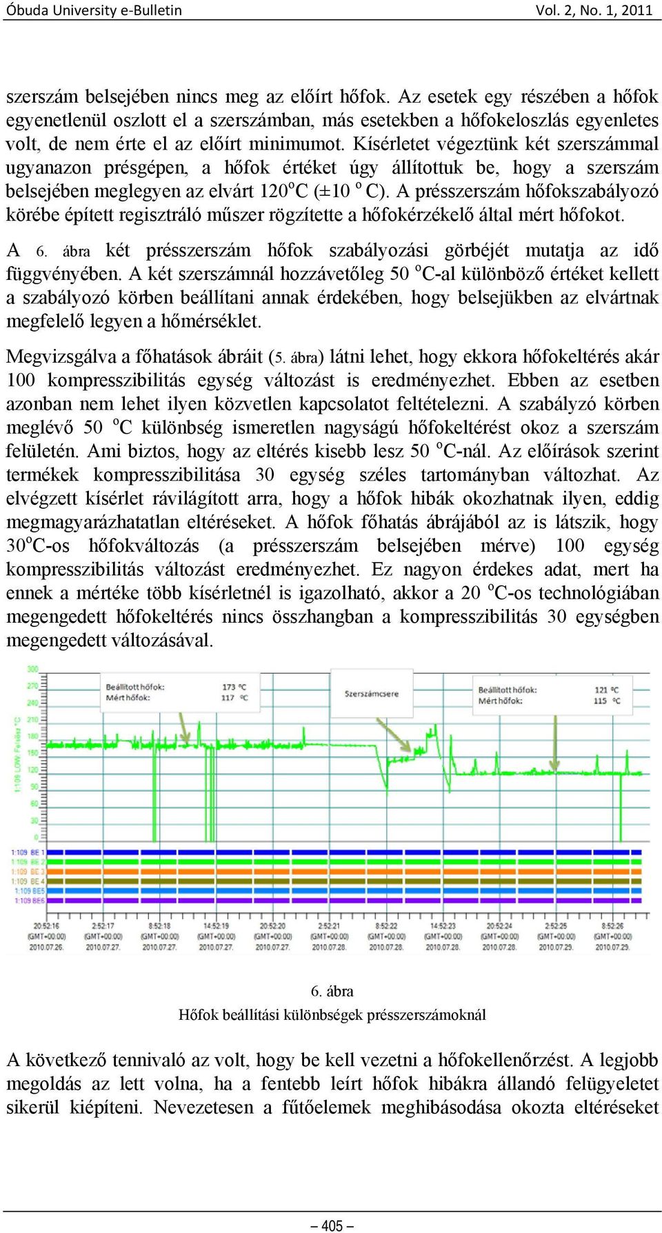 A présszerszám hőfokszabályozó körébe épített regisztráló műszer rögzítette a hőfokérzékelő által mért hőfokot. A 6. ábra két présszerszám hőfok szabályozási görbéjét mutatja az idő függvényében.