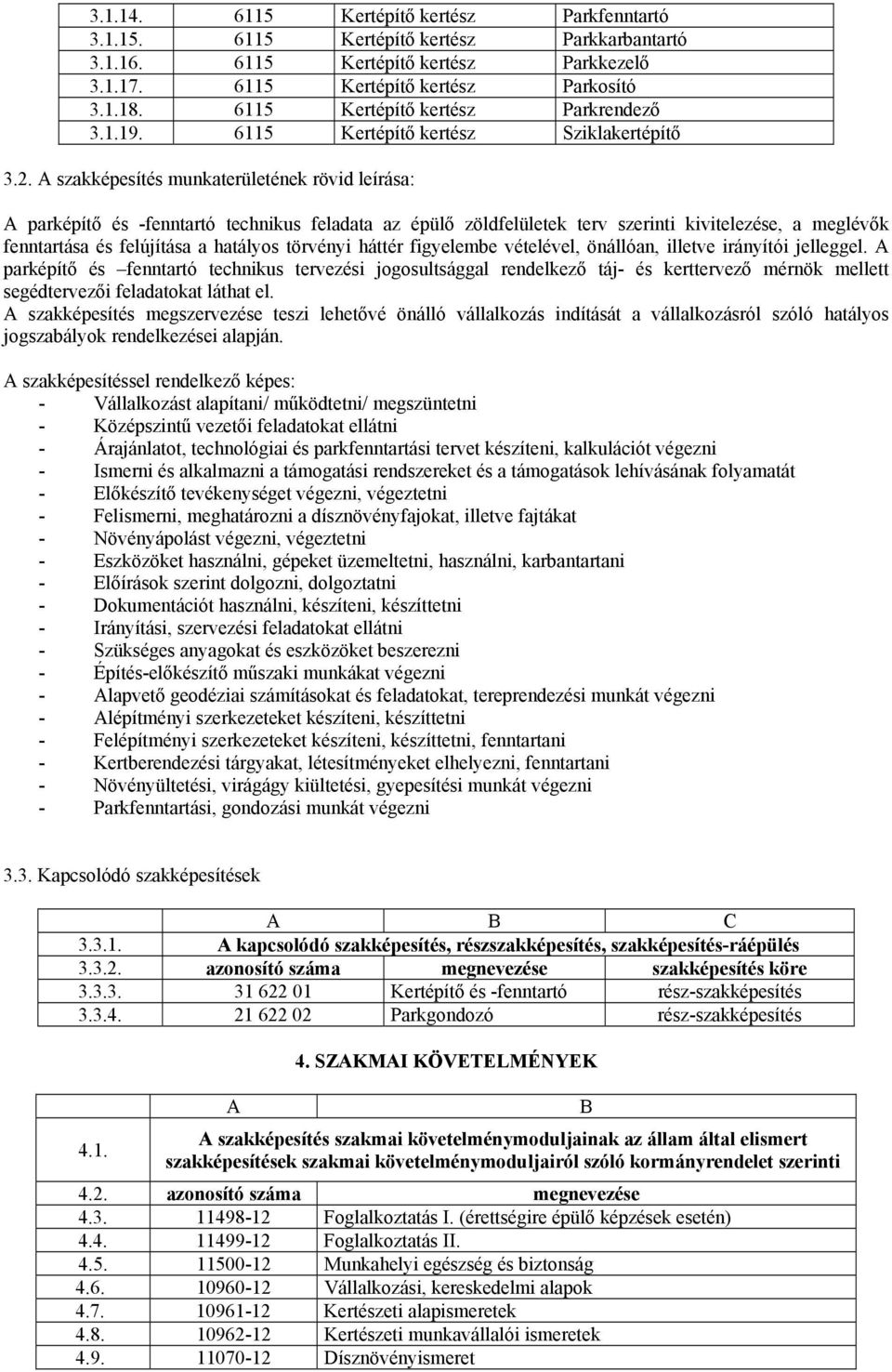 A szakképesítés munkaterületének rövid leírása: A parképítő és -fenntartó technikus feladata az épülő zöldfelületek terv szerinti kivitelezése, a meglévők fenntartása és felújítása a hatályos