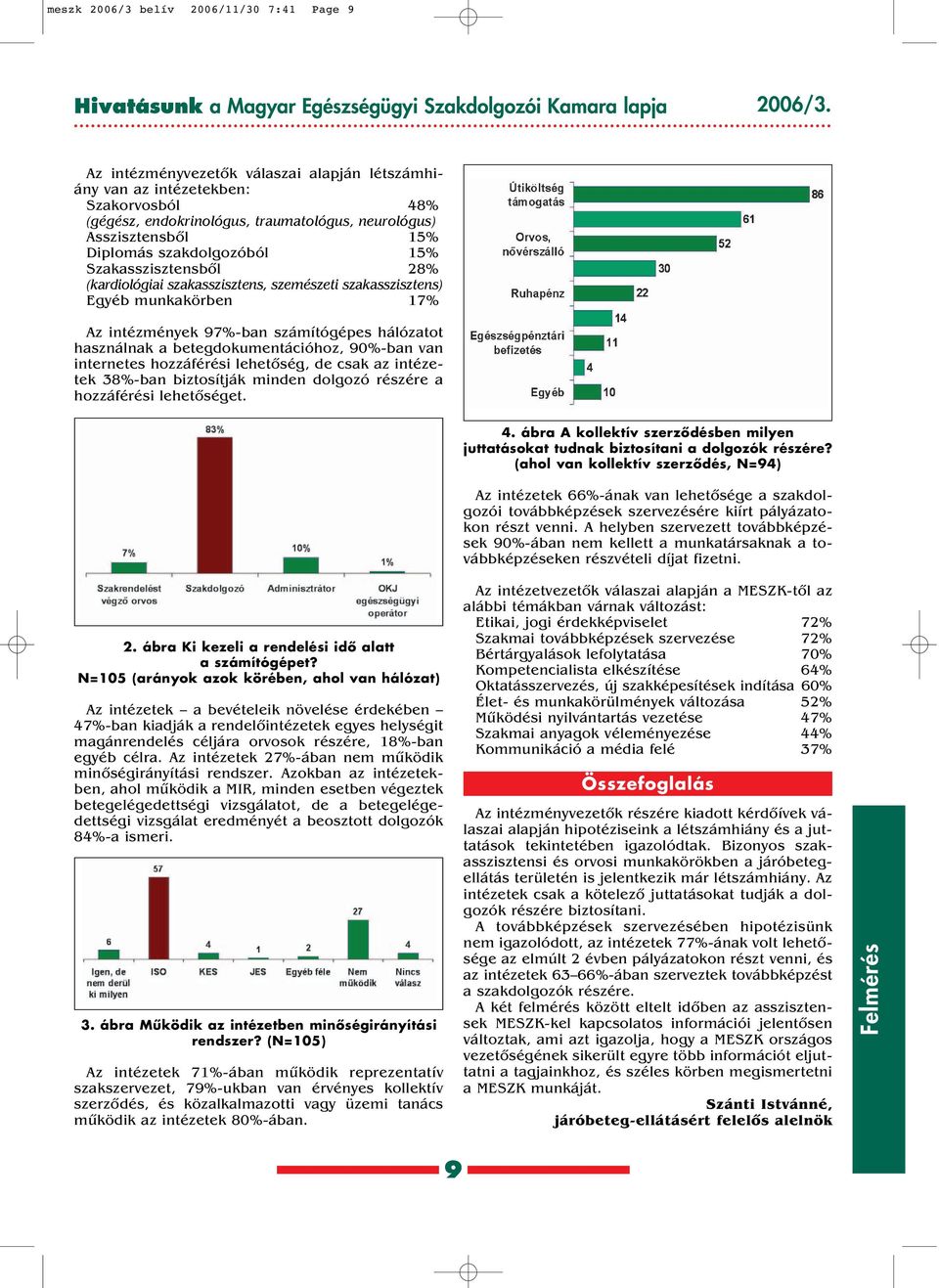 Szakasszisztensbôl 28% (kardiológiai szakasszisztens, szemészeti szakasszisztens) Egyéb munkakörben 17% Az intézmények 97%-ban számítógépes hálózatot használnak a betegdokumentációhoz, 90%-ban van