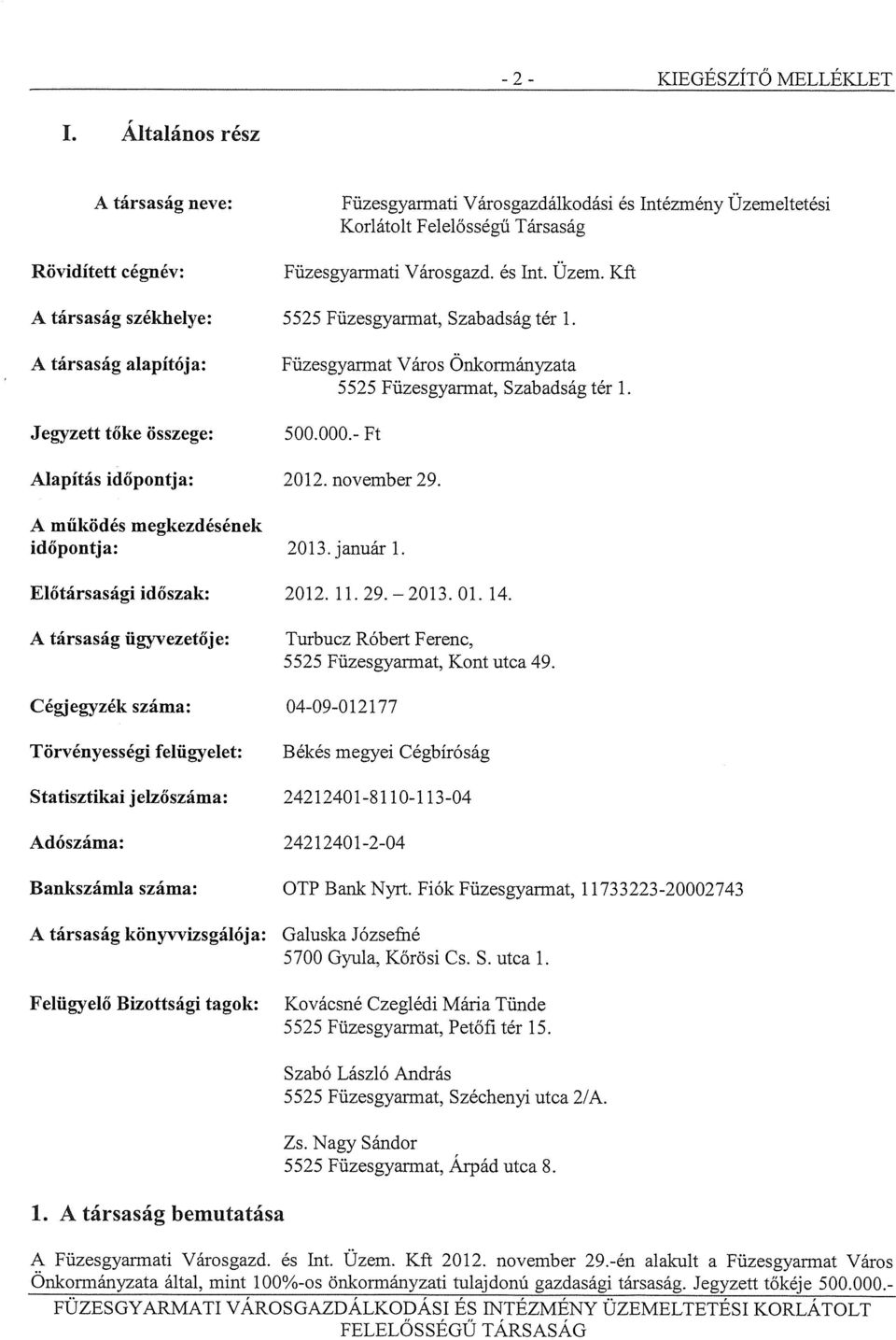 A működés megkezdésének időpontja: 2013. januári. Előtársasági időszak: 2012. 11. 29. 2013. 01. 14. A társaság ügyvezetője: Turbucz Róbert Ferenc, 5525 Füzesgyarmat, Kont utca 49.