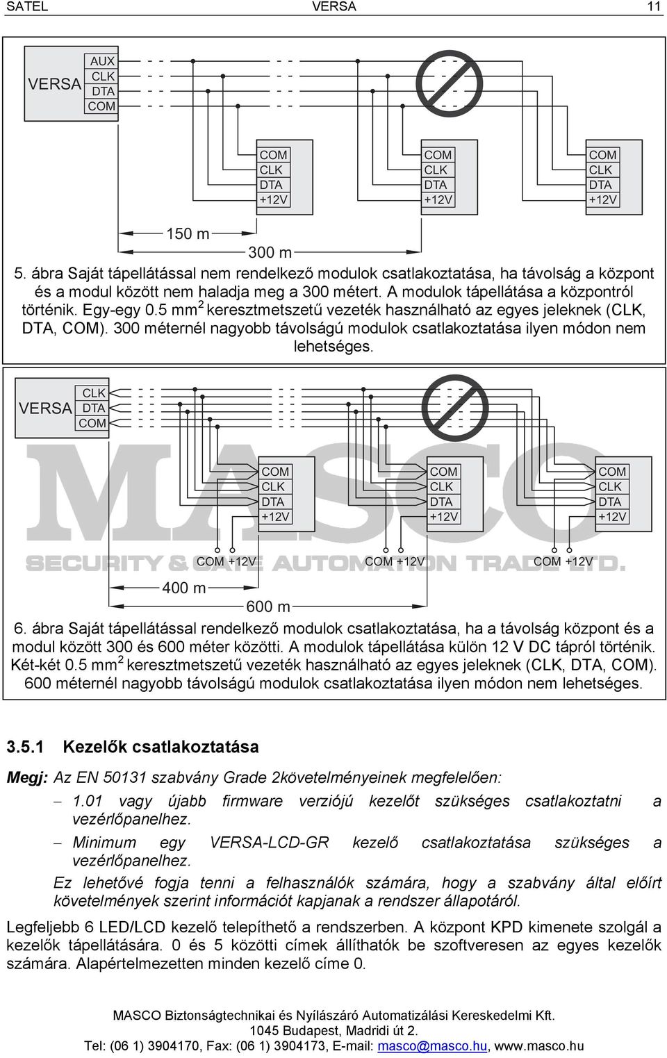 5 mm 2 keresztmetszetű vezeték használható az egyes jeleknek (CLK, DTA, COM). 300 méternél nagyobb távolságú modulok csatlakoztatása ilyen módon nem lehetséges.