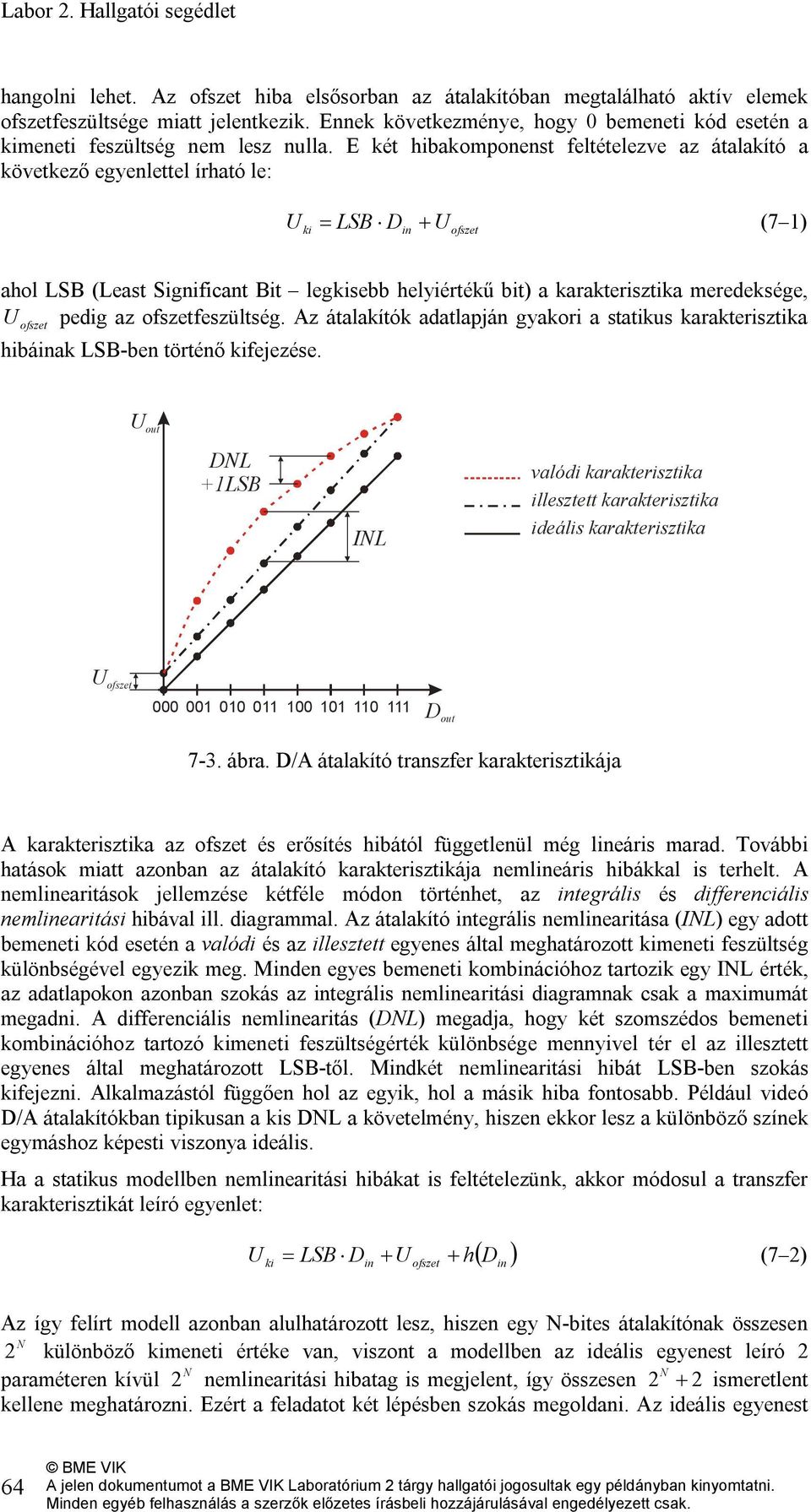 E két hibakomponenst feltételezve az átalakító a következő egyenlettel írható le: U = LSB D + U (7 1) ki in ofszet ahol LSB (Least Significant Bit legkisebb helyiértékű bit) a karakterisztika