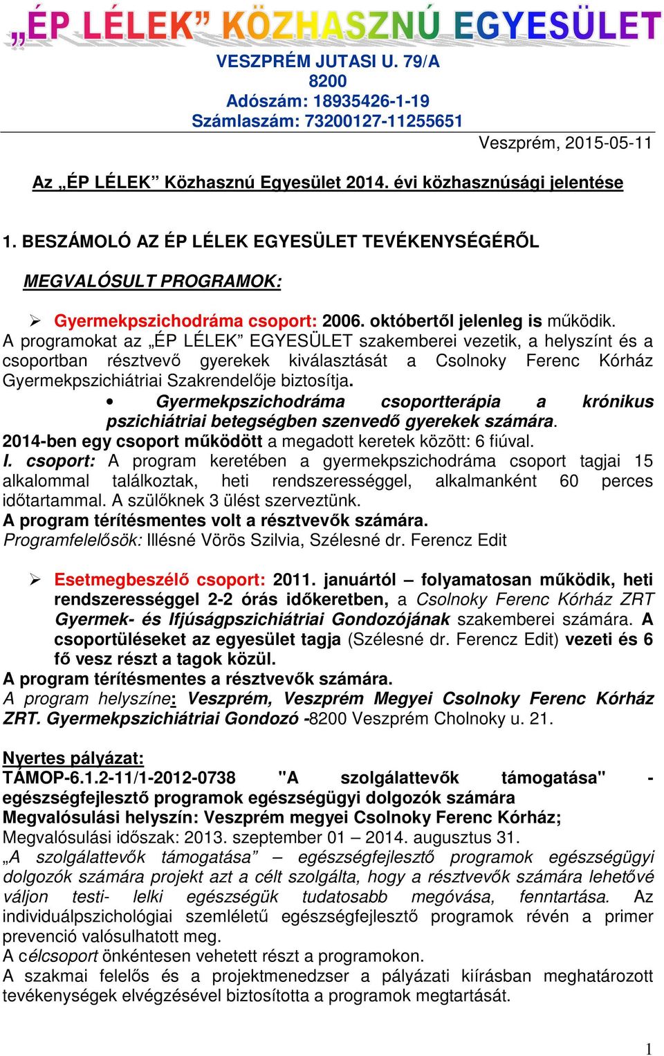 A programokat az ÉP LÉLEK EGYESÜLET szakemberei vezetik, a helyszínt és a csoportban résztvevő gyerekek kiválasztását a Csolnoky Ferenc Kórház Gyermekpszichiátriai Szakrendelője biztosítja.