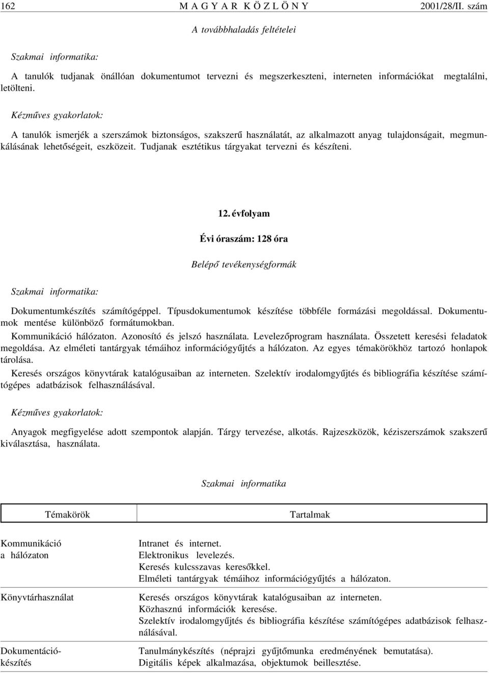 Tudjanak esztétikus tárgyakat tervezni és készíteni. 12. évfolyam Évi óraszám: 128 óra Belép ó tevékenységformák Szakmai informatika: Dokumentumkészítés számítógéppel.