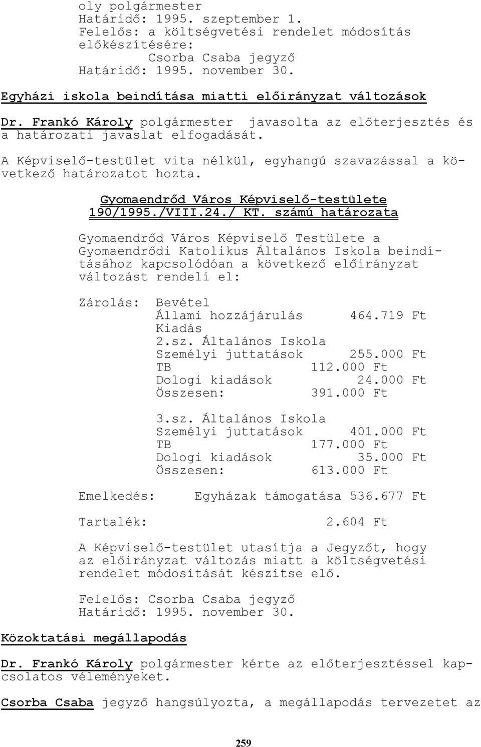 A Képviselı-testület vita nélkül, egyhangú szavazással a következı határozatot hozta. 190/1995./VIII.24./ KT.