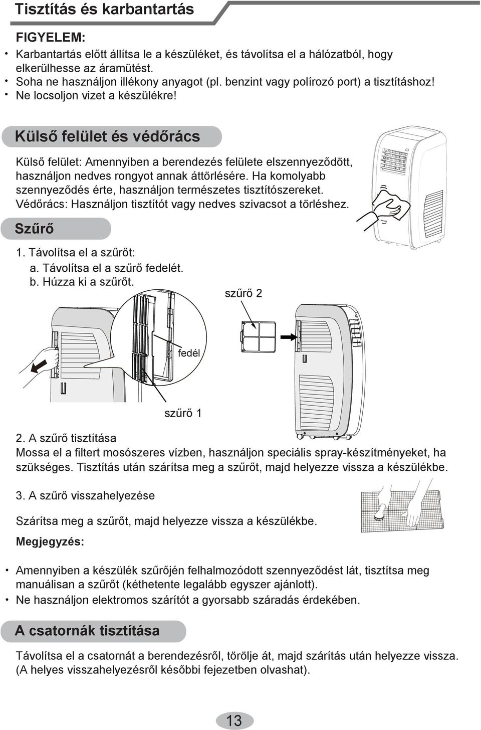 Külső felület és védőrács Külső felület: Amennyiben a berendezés felülete elszennyeződött, használjon nedves rongyot annak áttörlésére.