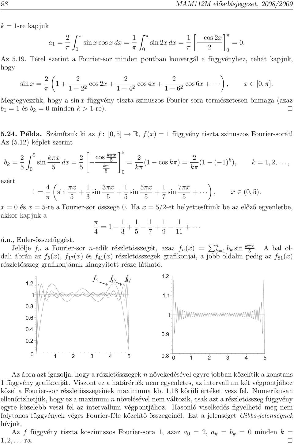 π 1 1 4 1 6 Megjegyezzük, hogy a sin x függvény tiszta szinuszos Fourier-sora természetesen önmaga azaz b 1 1 és b k minden k > 1-re. ] π. 5.4. Példa.