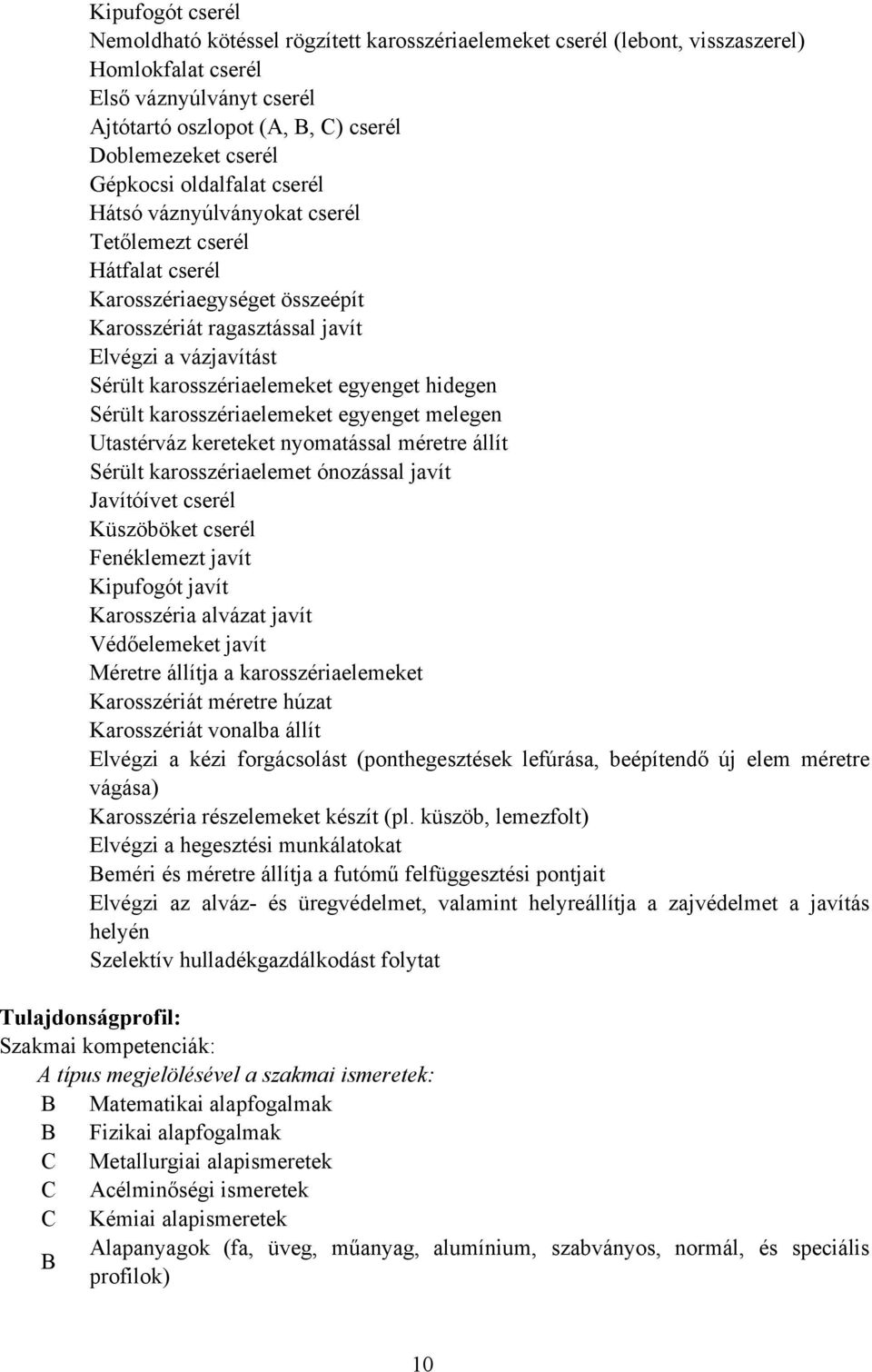 karosszériaelemeket egyenget hidegen Sérült karosszériaelemeket egyenget melegen Utastérváz kereteket nyomatással méretre állít Sérült karosszériaelemet ónozással javít Javítóívet cserél Küszöböket