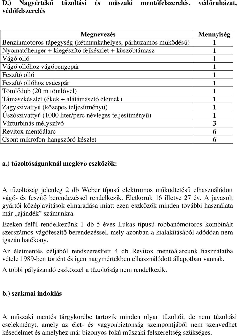 (közepes teljesítményű) 1 Úszószivattyú (1000 liter/perc névleges teljesítményű) 1 Vízturbinás mélyszívó 3 Revitox mentőálarc 6 Csont mikrofon-hangszóró készlet 6 a.