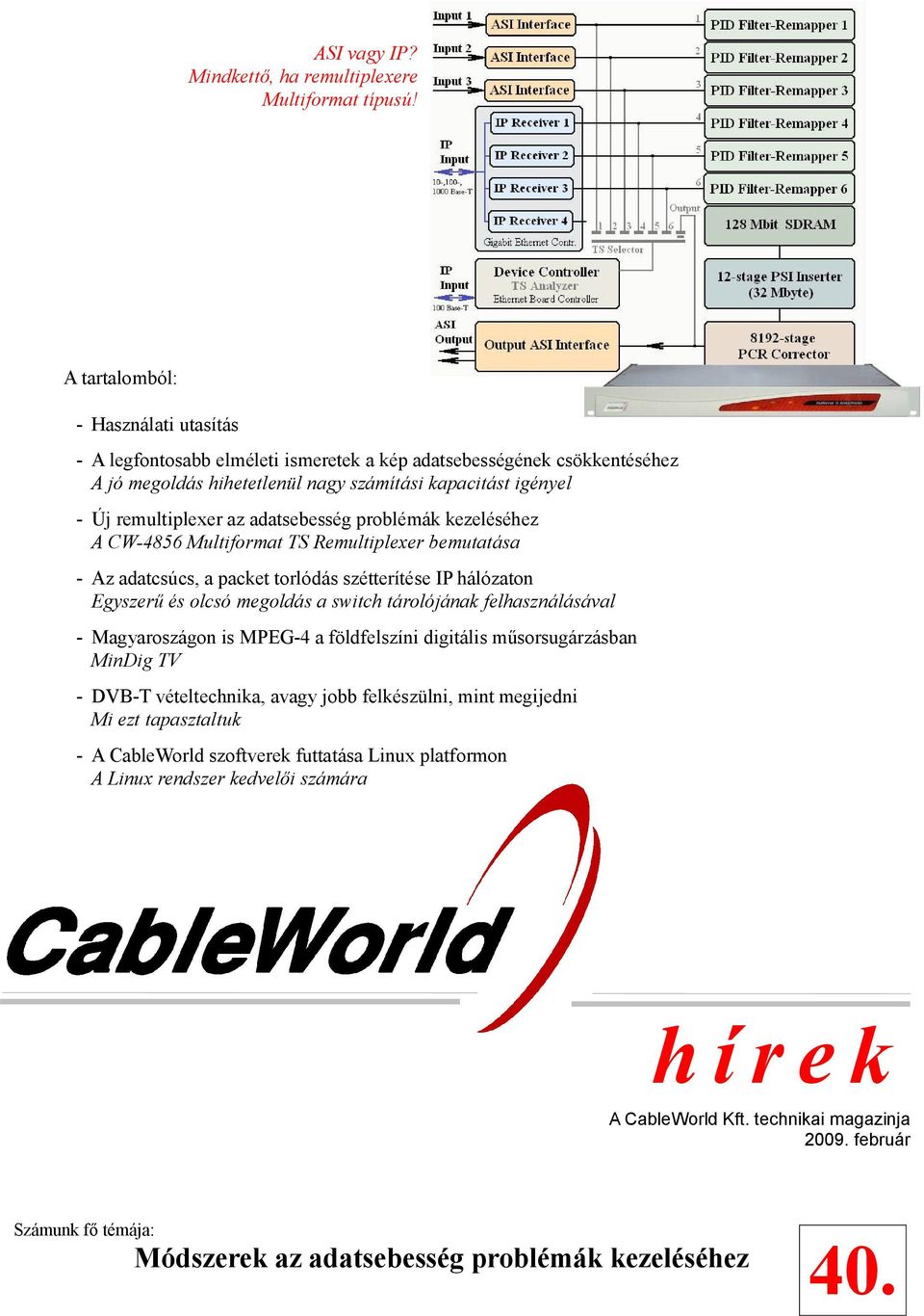 adatsebesség problémák kezeléséhez A CW-4856 Multiformat TS Remultiplexer bemutatása - Az adatcsúcs, a packet torlódás szétterítése IP hálózaton Egyszerű és olcsó megoldás a switch tárolójának