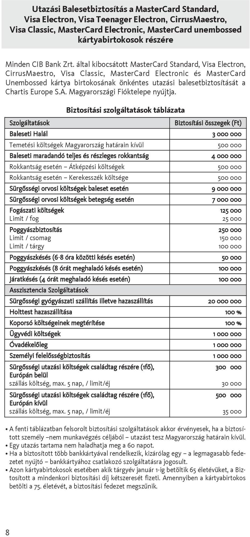 által kibocsátott MasterCard Standard, Visa Electron, CirrusMaestro, Visa Classic, MasterCard Electronic és MasterCard Unembossed kártya birtokosának önkéntes utazási balesetbiztosítását a Chartis