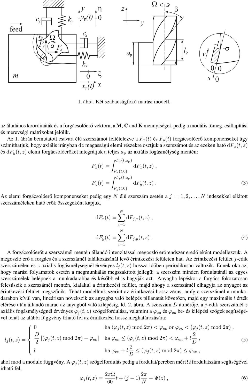 ábrán bemutatott csavart élű szerszámot feltételezve a F x (t) és F (t) forgácsolóerő komponenseket úg számíthatjuk, hog axiális iránban dz magasságú elemi részekre osztjuk a szerszámot és az ezeken