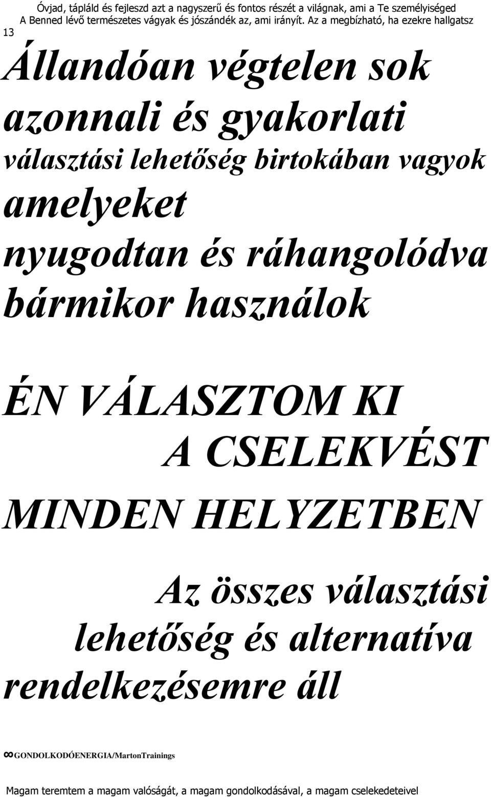 ÉN VÁLASZTOM KI A CSELEKVÉST MINDEN HELYZETBEN Az összes választási