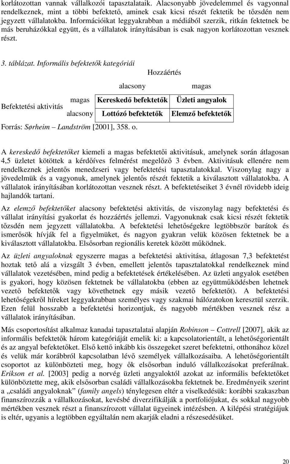 Informális befektetık kategóriái Hozzáértés alacsony magas magas Kereskedı befektetık Üzleti angyalok Befektetési aktivitás alacsony Lottózó befektetık Elemzı befektetık Forrás: Sørheim Landström