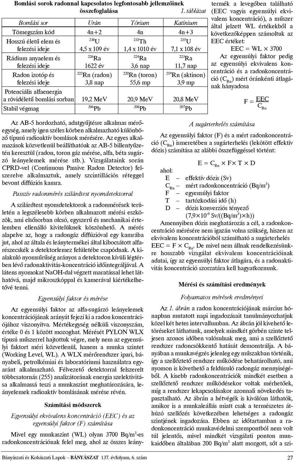 223 Ra felezési ideje 1622 év 3,6 nap 11,7 nap Radon izotóp és 222 Rn (radon) 220 Rn (toron) 219 Rn (aktinon) felezési ideje 3,8 nap 55,6 mp 3,9 mp Potenciális alfaenergia a rövidéletû bomlási sorban