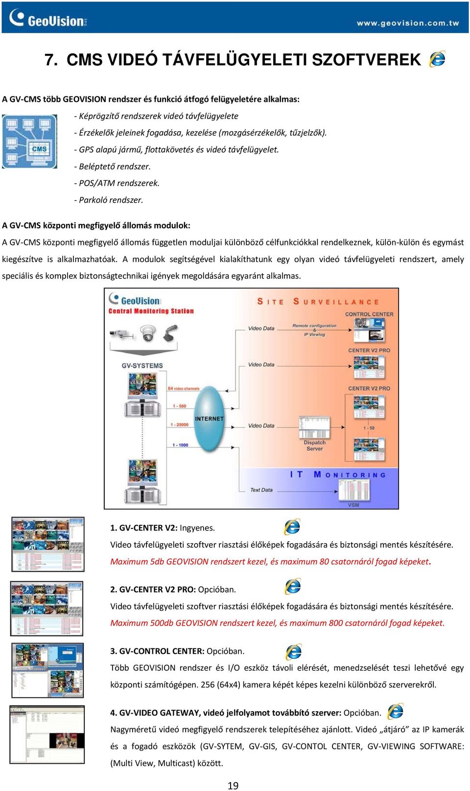 A GV-CMS központi megfigyelő állomás modulok: A GV-CMS központi megfigyelő állomás független moduljai különböző célfunkciókkal rendelkeznek, külön-külön és egymást kiegészítve is alkalmazhatóak.