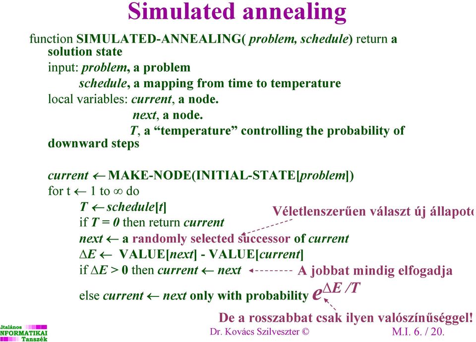 T, a temperature controlling the probability of downward steps current MAKE-NODE(INITIAL-STATE[problem]) for t 1 to do T schedule[t] Véletlenszerűen választ új