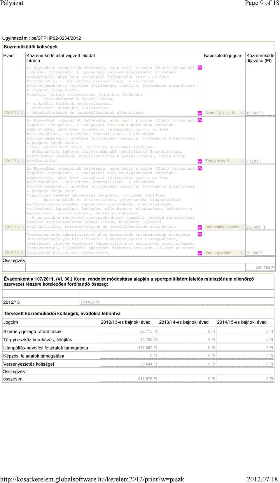 A költségek költségnemenkénti vezetése jogcímekhez rendelve, folyamatos ellenőrzése a program ideje alatt.