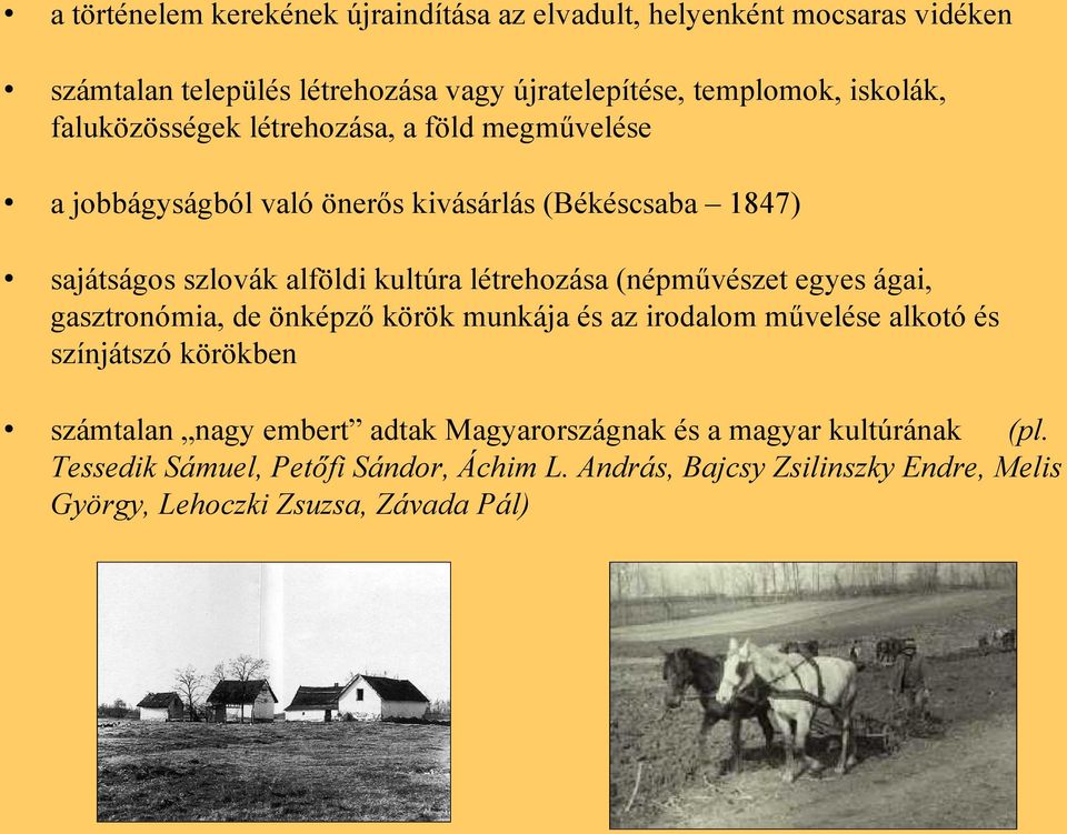 (népművészet egyes ágai, gasztronómia, de önképző körök munkája és az irodalom művelése alkotó és színjátszó körökben számtalan nagy embert adtak