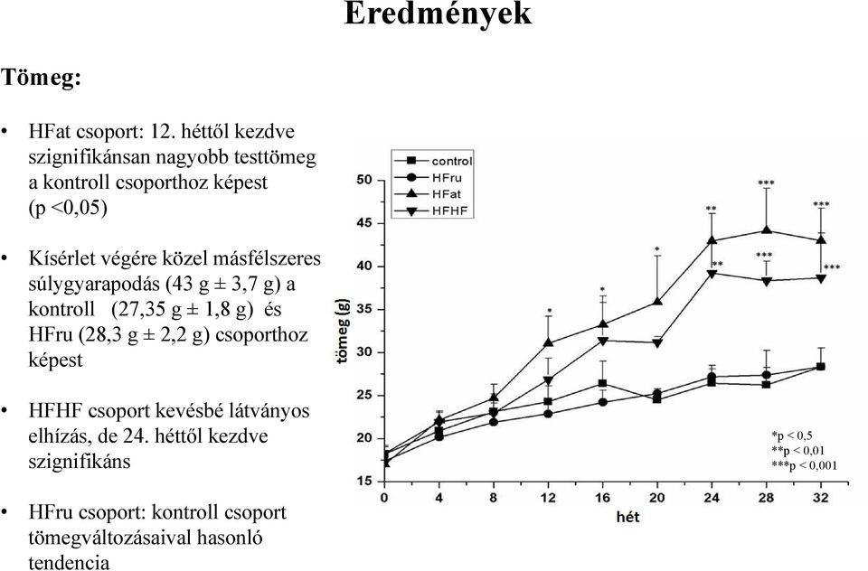 másfélszeres súlygyarapodás (43 g ± 3,7 g) a kontroll (27,35 g ± 1,8 g) és HFru (28,3 g ± 2,2 g) csoporthoz