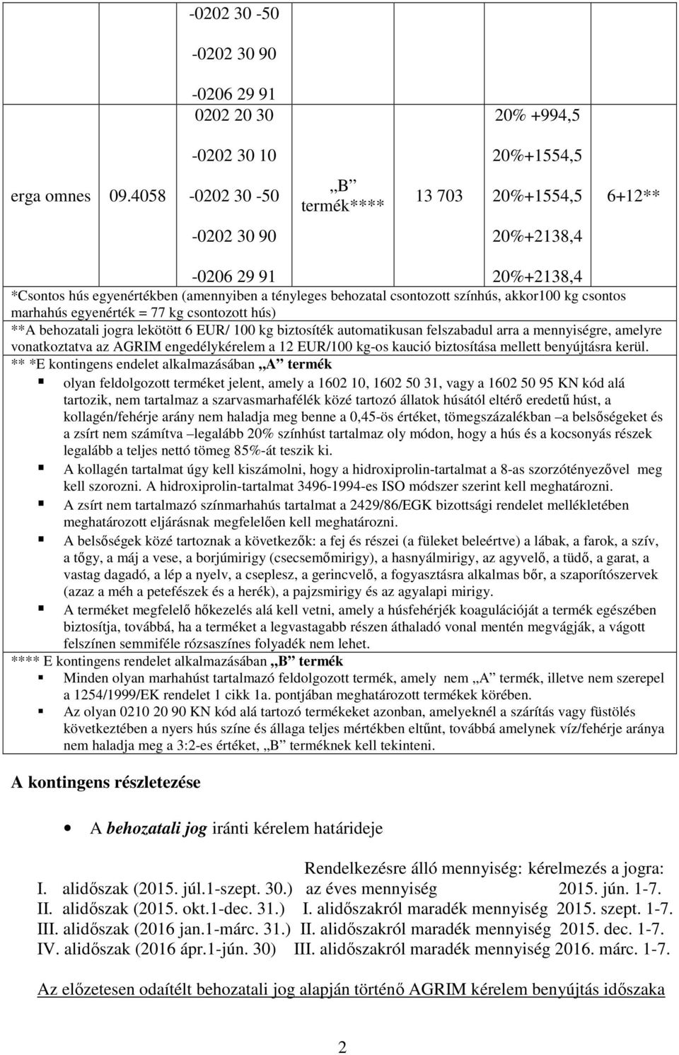 marhahús egyenérték = 77 kg csontozott hús) **A behozatali jogra lekötött 6 EUR/ 100 kg biztosíték automatikusan felszabadul arra a mennyiségre, amelyre vonatkoztatva az AGRIM engedélykérelem a 12