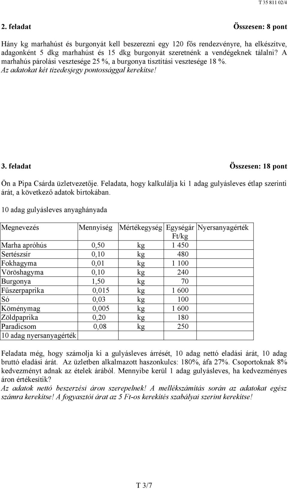 Feladata, hogy kalkulálja ki 1 adag gulyásleves étlap szerinti árát, a következő adatok birtokában.