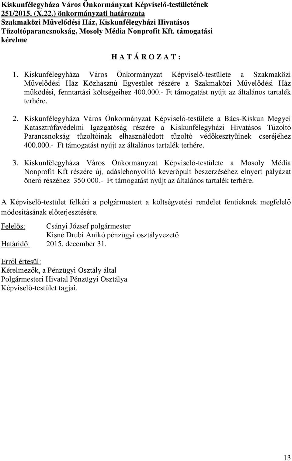 Kiskunfélegyháza Város Önkormányzat Képviselő-testülete a Szakmaközi Művelődési Ház Közhasznú Egyesület részére a Szakmaközi Művelődési Ház működési, fenntartási költségeihez 400.000.