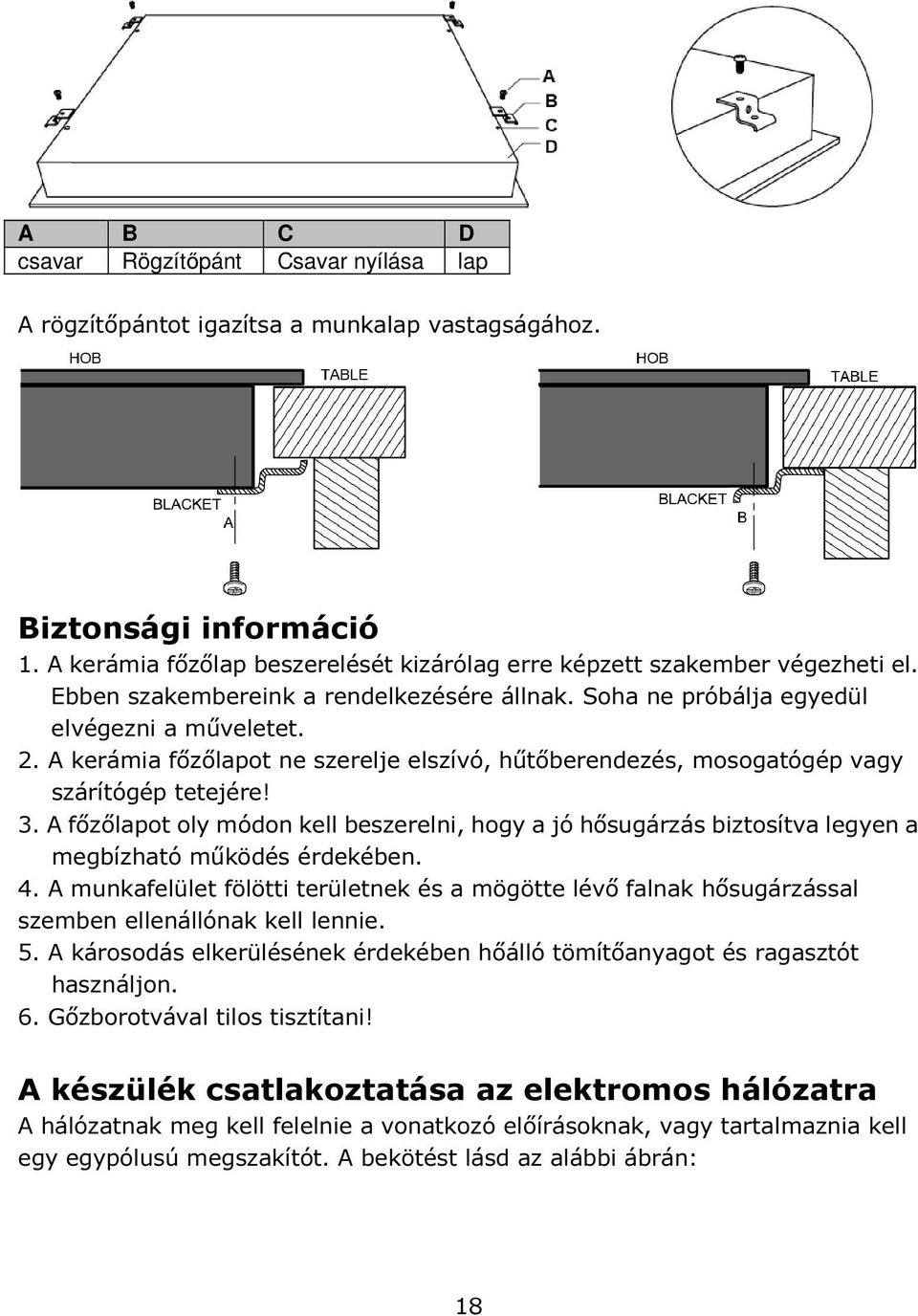 A főzőlapot oly módon kell beszerelni, hogy a jó hősugárzás biztosítva legyen a megbízható működés érdekében. 4.