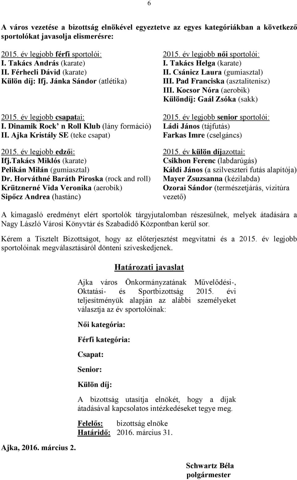 Kocsor Nóra (aerobik) Különdíj: Gaál Zsóka (sakk) 2015. év legjobb csapatai: 2015. év legjobb senior sportolói: I. Dinamik Rock n Roll Klub (lány formáció) Ládi János (tájfutás) II.