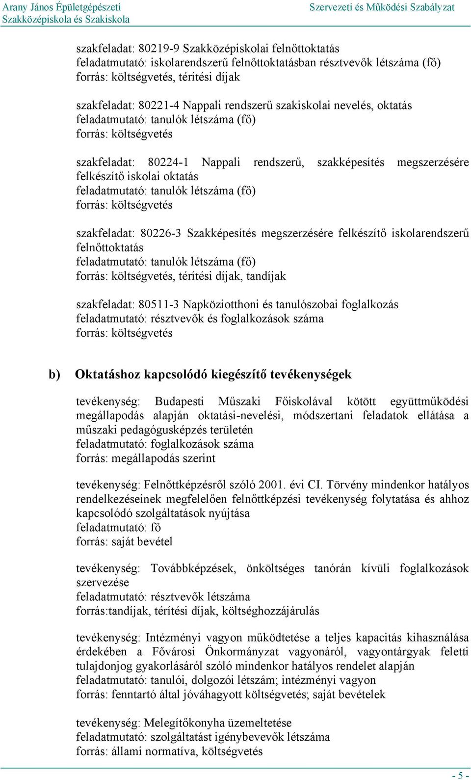 feladatmutató: tanulók létszáma (fő) forrás: költségvetés szakfeladat: 80226-3 Szakképesítés megszerzésére felkészítő iskolarendszerű felnőttoktatás feladatmutató: tanulók létszáma (fő) forrás: