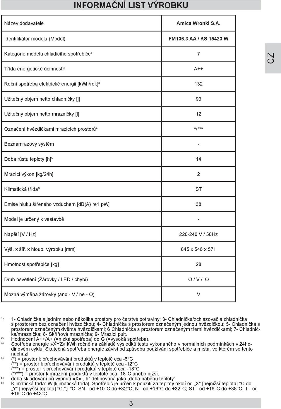 Klimatická třída 6 Emise hluku šířeného vzduchem [db(a) re1 pw] 38 Model je určený k vestavbě - Napětí [ / Hz] ýš. x šíř. x hloub.