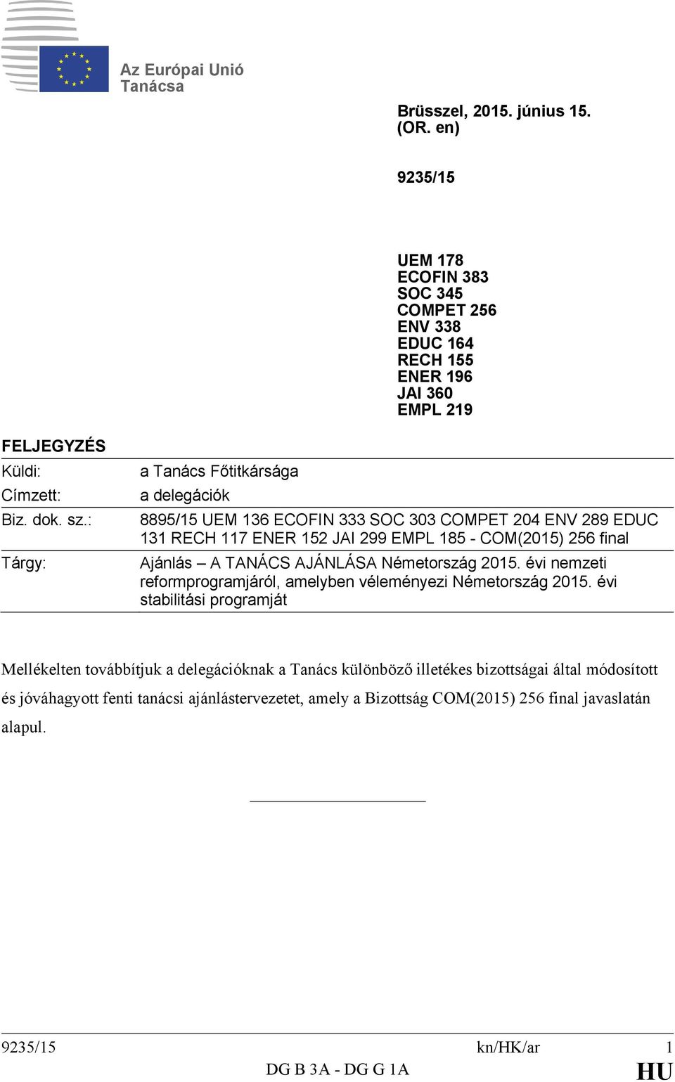 : Tárgy: a Tanács Főtitkársága a delegációk 8895/15 UEM 136 ECOFIN 333 SOC 303 COMPET 204 ENV 289 EDUC 131 RECH 117 ENER 152 JAI 299 EMPL 185 - COM(2015) 256 final Ajánlás A TANÁCS